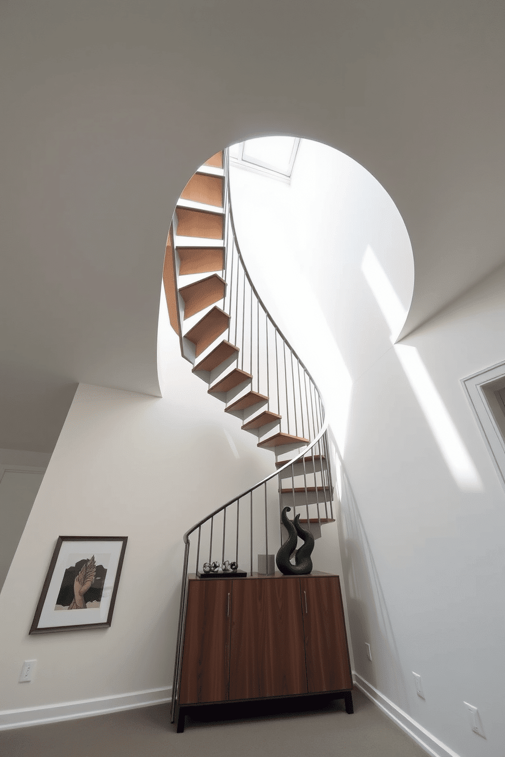 A modern spiral staircase with an open design features sleek metal railings and wooden treads that elegantly twist upwards. The staircase is illuminated by natural light streaming through a large skylight above, creating a bright and airy atmosphere. The surrounding walls are painted in a soft white, enhancing the contemporary feel of the space. Below the staircase, a minimalist console table holds decorative items, adding a touch of sophistication to the entryway.