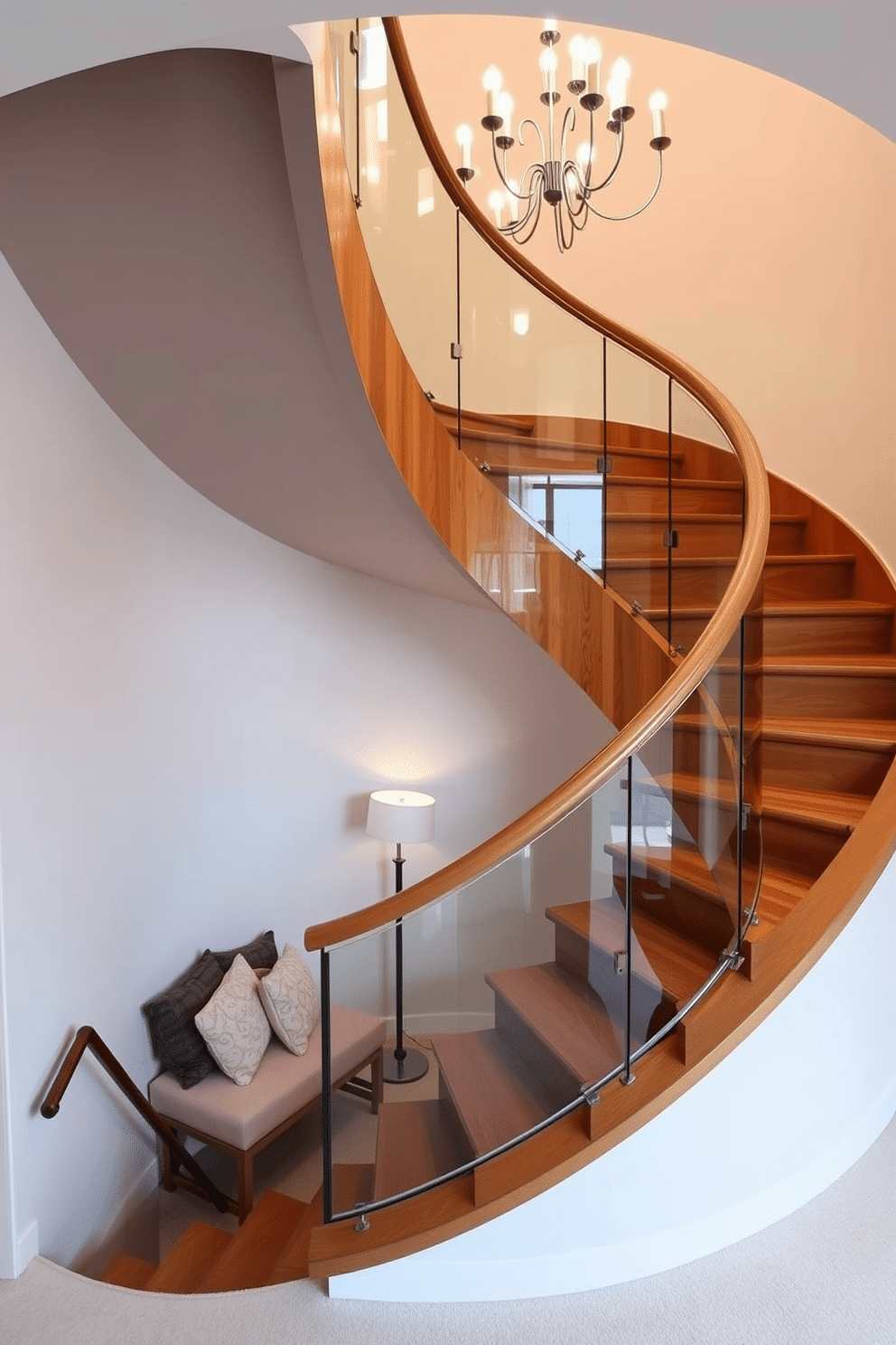 A stunning half-turn staircase with elegant curves, featuring a sleek wooden handrail and glass balustrades that create an airy feel. The steps are crafted from rich oak, contrasting beautifully with the soft, neutral-toned walls that enhance the staircase's graceful lines. Beneath the staircase, a small nook is designed for a cozy reading area, adorned with plush cushions and a stylish floor lamp. The space is illuminated by a modern chandelier above, casting a warm glow that highlights the staircase's architectural beauty.