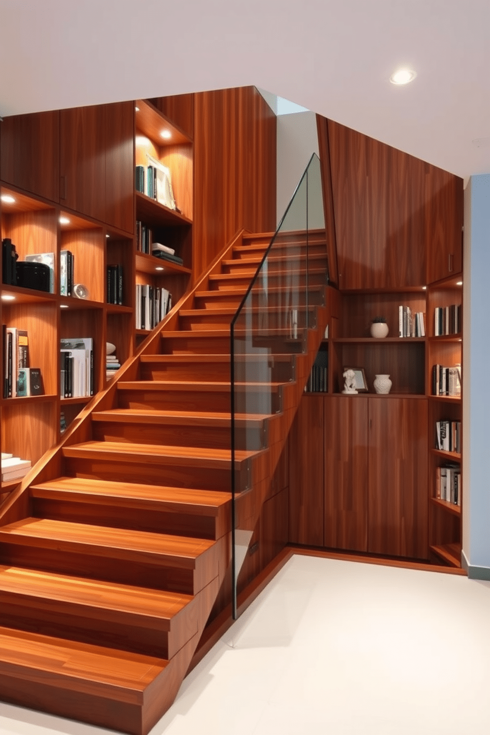 A stunning modern staircase features sleek wooden steps that seamlessly integrate with built-in bookshelves on either side. The shelves are filled with an array of books and decorative items, enhancing both functionality and aesthetic appeal. The staircase is illuminated by recessed lighting, casting a warm glow on the rich wood tones. A minimalist railing made of glass adds a touch of elegance while maintaining an open feel throughout the space.