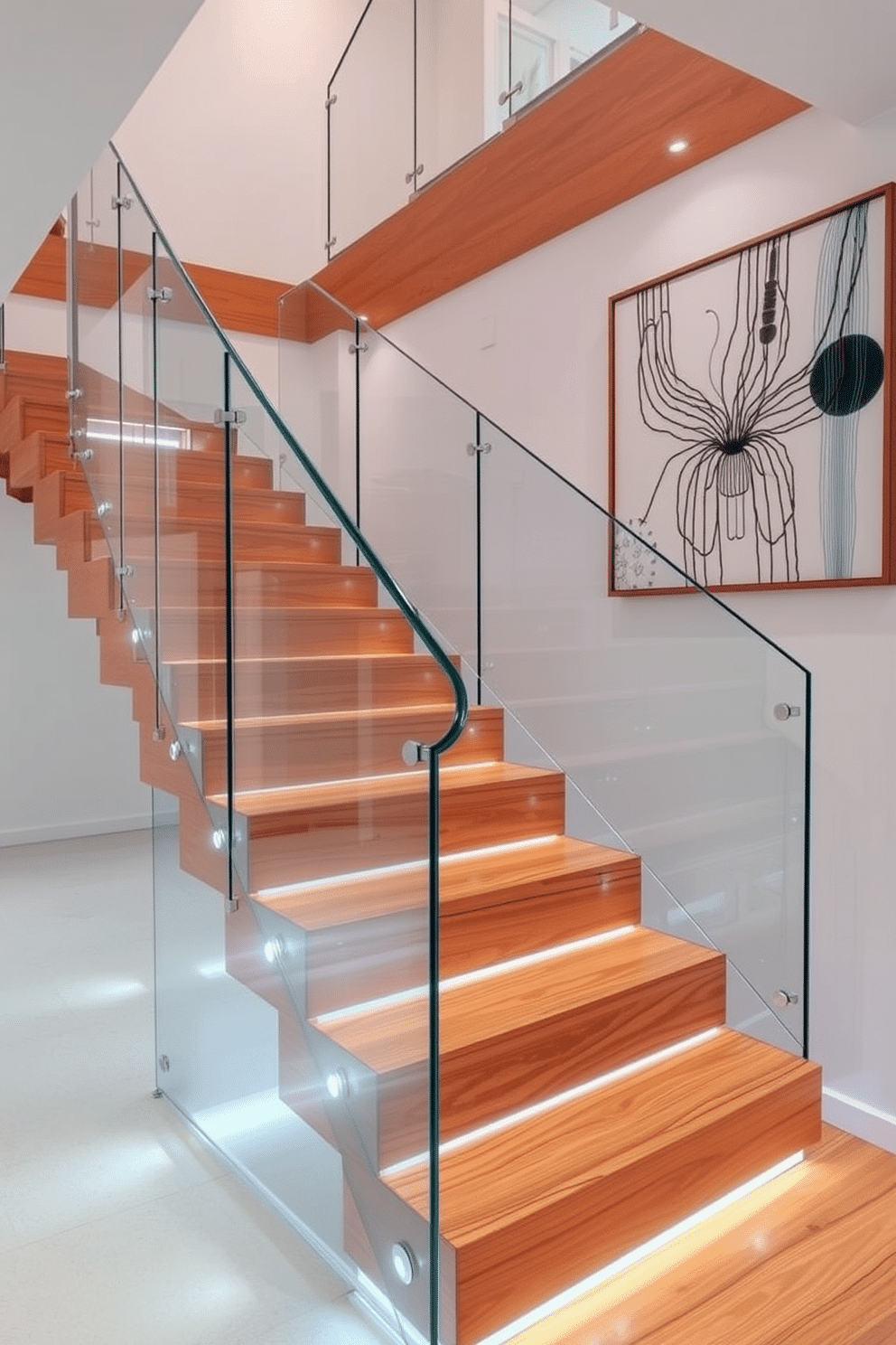 A stunning modern staircase featuring a combination of rich wood and sleek glass elements. The wooden treads are complemented by glass balustrades, allowing light to flow through while maintaining a warm and inviting atmosphere. The staircase is illuminated by strategically placed LED lights along the steps, enhancing the natural grain of the wood. A contemporary art piece hangs on the wall adjacent to the staircase, adding a touch of elegance and style to the overall design.