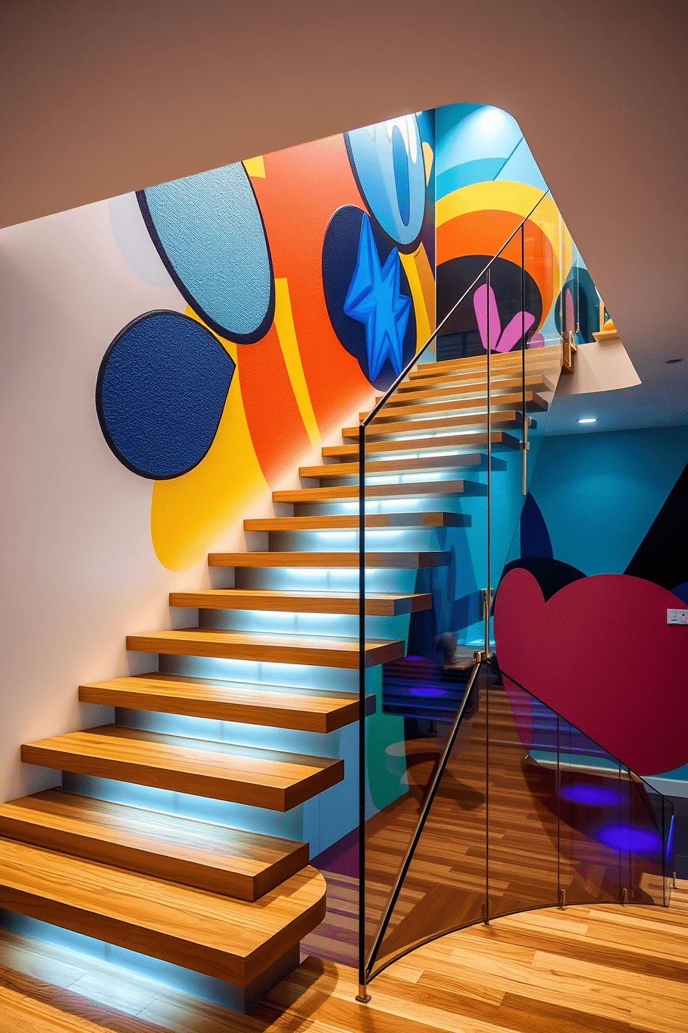 A stunning modern staircase design featuring sleek, floating wooden steps that elegantly ascend. The backdrop showcases a vibrant, large-scale mural that adds a bold artistic flair, enhancing the overall aesthetic of the space. The staircase is illuminated by recessed lighting, creating a warm and inviting atmosphere. A glass railing complements the contemporary design, offering a seamless view of the mural while ensuring safety and sophistication.