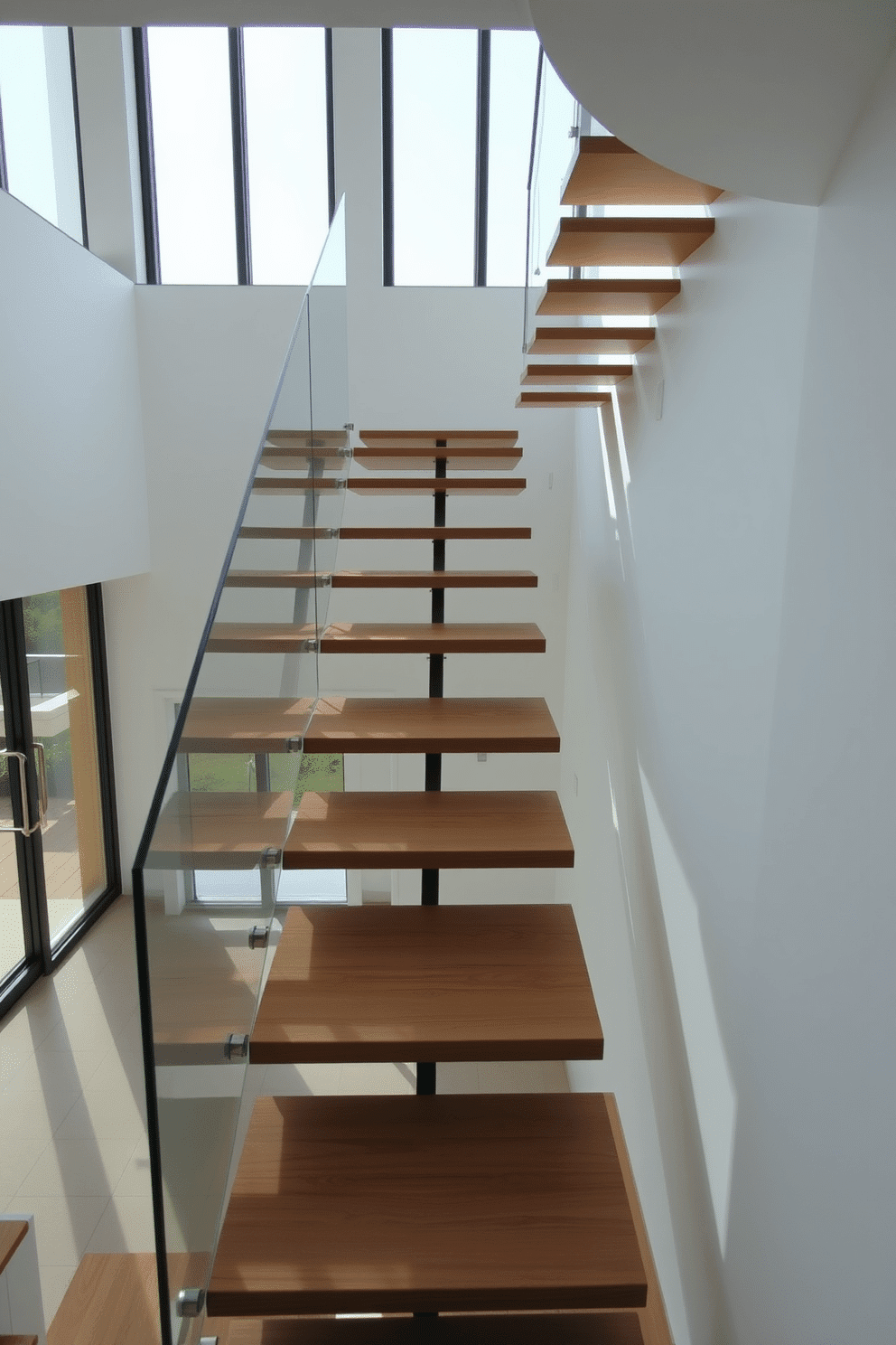 A floating staircase with a minimalist design features sleek wooden treads that appear to hover effortlessly above the ground. The staircase is framed by a glass railing, allowing for an unobstructed view of the surrounding space, enhancing the airy feel of the interior. The walls adjacent to the staircase are painted in a soft white, creating a clean backdrop that highlights the simplicity of the design. Natural light floods in through large windows, casting gentle shadows that accentuate the staircase's elegant lines.