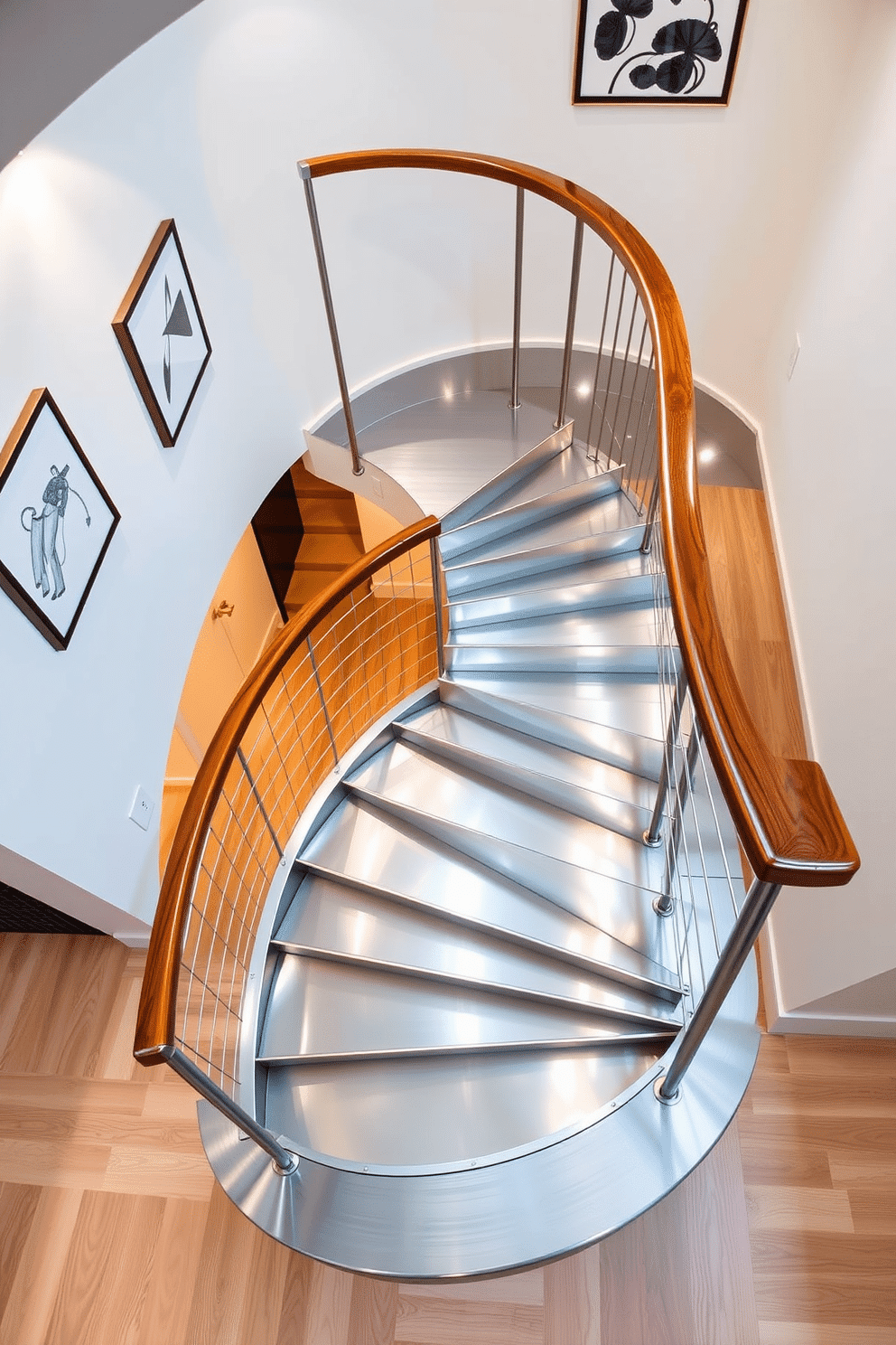 A stunning spiral staircase with sleek metal accents winds gracefully upward, featuring a polished wooden handrail that complements the modern aesthetic. The staircase is illuminated by recessed lighting, casting a warm glow on the smooth metal steps that reflect a contemporary flair. Surrounding the staircase, the walls are adorned with minimalist artwork, enhancing the sophisticated ambiance of the space. The floor below is finished with light-colored hardwood, creating a seamless transition that emphasizes the elegance of the design.