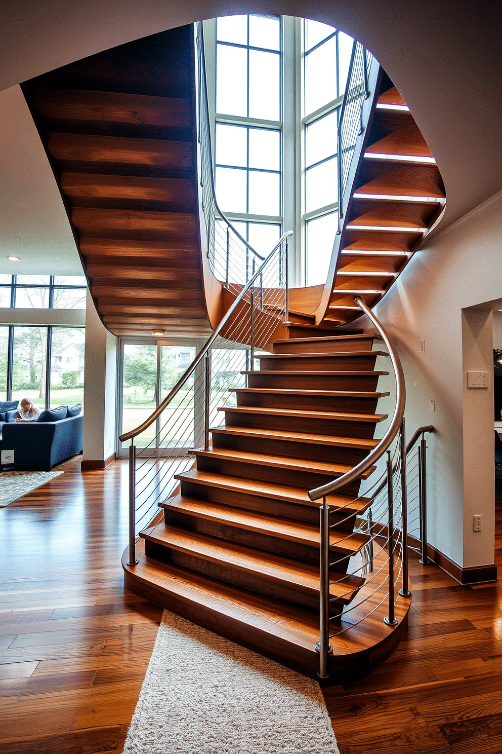 A stunning cascading staircase with tiered steps gracefully ascends through the space, creating a focal point that draws the eye upward. The staircase is crafted from rich hardwood, featuring sleek metal railings that enhance its modern aesthetic. Natural light floods the area through large windows, illuminating the elegant curves and lines of the staircase. A plush runner carpet in a neutral tone adds warmth and texture, complementing the contemporary design.