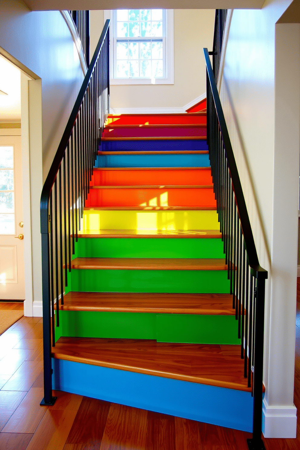 Open riser stairs with a bold splash of color create a striking focal point in the entryway. The treads are made of rich hardwood, contrasting beautifully with the vibrant, painted risers that add personality and warmth to the space. The staircase is illuminated by natural light streaming in from a nearby window, enhancing the vivid colors. Sleek metal railings in a matte black finish provide a contemporary touch, ensuring safety without detracting from the design.