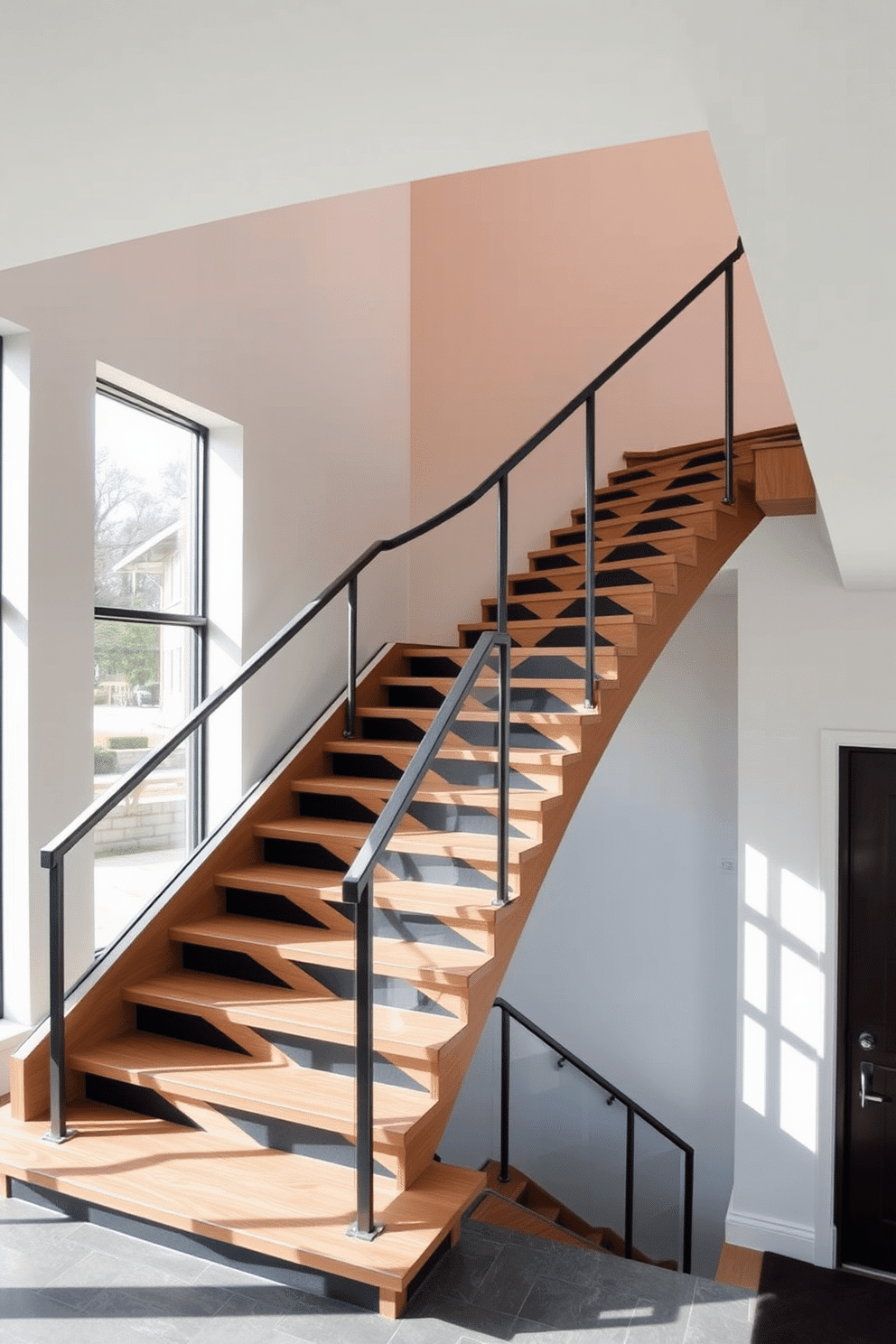 A striking geometric staircase design features bold patterns that create a visual focal point in the space. The staircase is crafted from a combination of wood and metal, showcasing a sleek handrail that complements the modern aesthetic. The steps are arranged in an alternating pattern, with contrasting colors that enhance the geometric shapes. Large windows adjacent to the staircase flood the area with natural light, highlighting the intricate design and inviting a sense of openness.