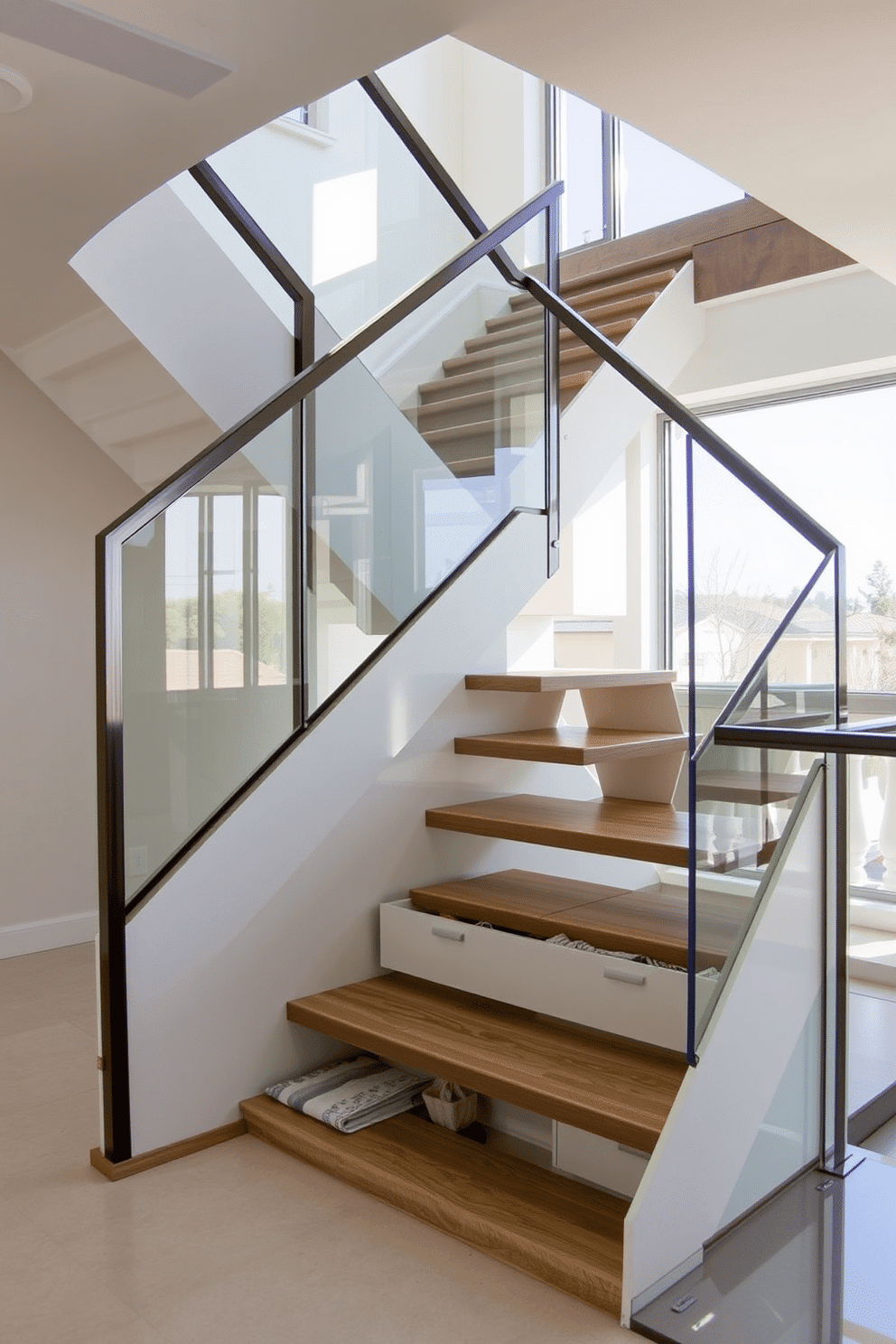 A contemporary staircase featuring sleek, minimalist lines and built-in storage solutions beneath each step. The staircase is complemented by a glass railing that allows natural light to flow through the space, creating an airy atmosphere.