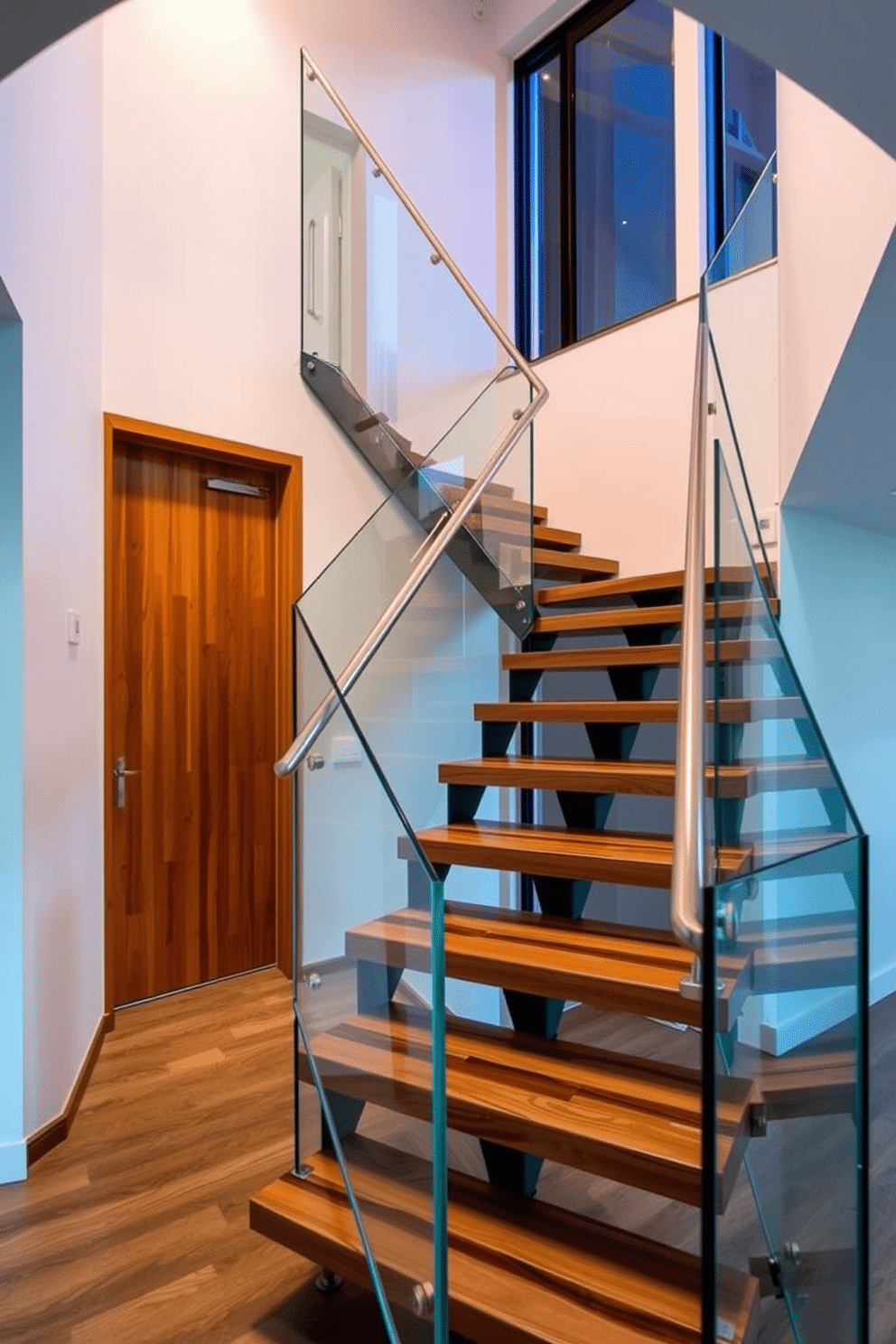 A striking glass staircase with wooden treads gracefully ascends, blending modern aesthetics with warmth. The transparent panels create an illusion of space, while the rich wood adds a touch of natural elegance. The staircase features sleek metal railings that complement its contemporary design. Soft ambient lighting highlights the staircase's contours, creating an inviting atmosphere in the foyer.