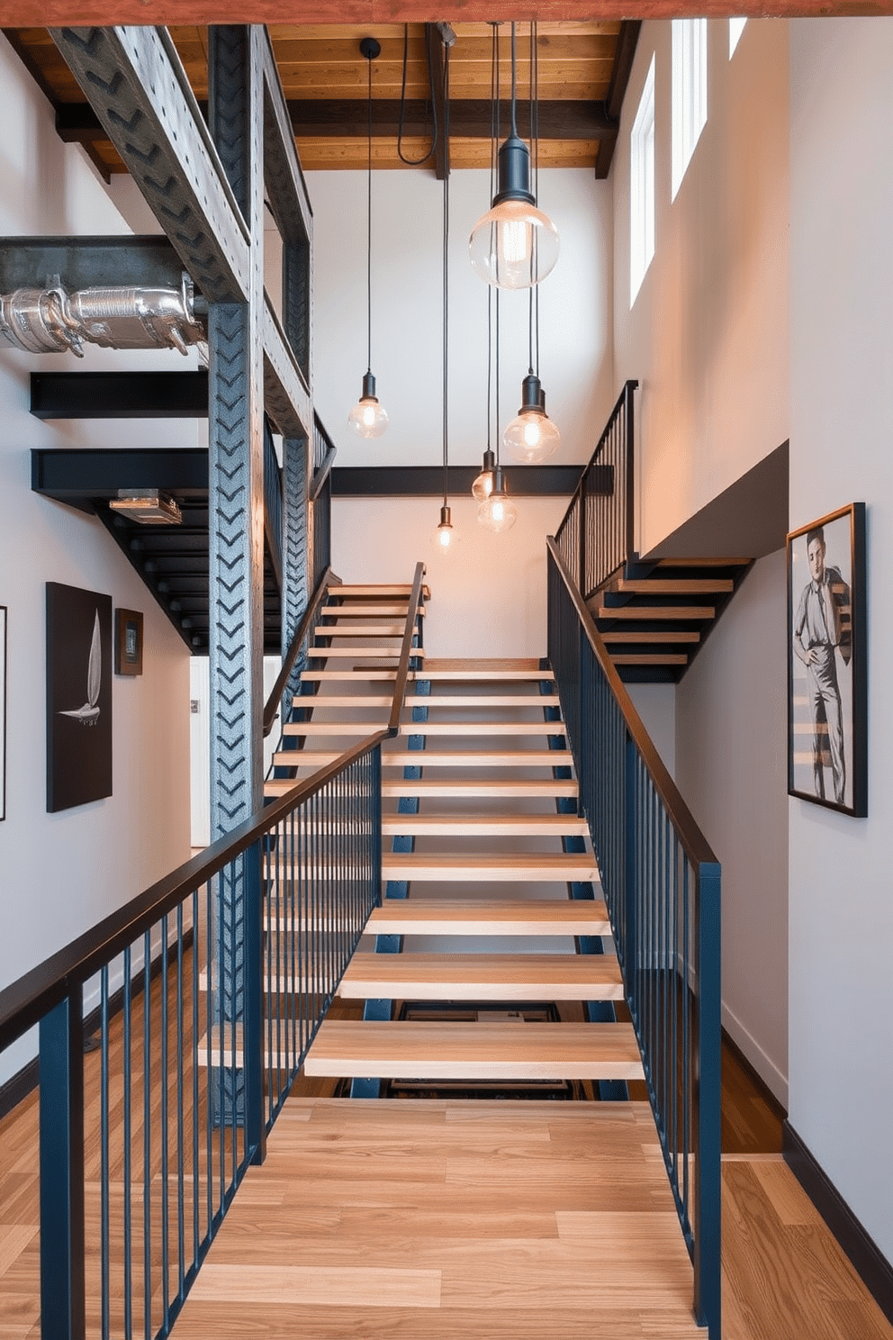 An industrial-style staircase features exposed metal beams and a sleek wooden treads design, creating a striking contrast between raw and refined elements. The open risers allow for a sense of spaciousness, while the black railing adds a touch of modern elegance. The staircase is illuminated by pendant lights that hang from the ceiling, casting warm light on the metal and wood surfaces. Surrounding the staircase, the walls are adorned with minimalist artwork, enhancing the contemporary aesthetic of the space.