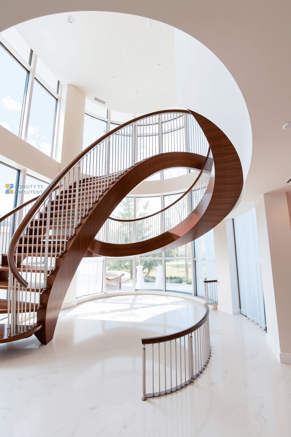 An elegant helical staircase gracefully spirals upwards, featuring soft curves that invite the eye to follow its ascent. The staircase is crafted from rich, dark wood, with polished metal railings that add a touch of modern sophistication. Beneath the staircase, a sleek marble floor reflects the ambient light, enhancing the airy feel of the space. Large windows flank the staircase, allowing natural light to flood in and illuminate the intricate details of the design.