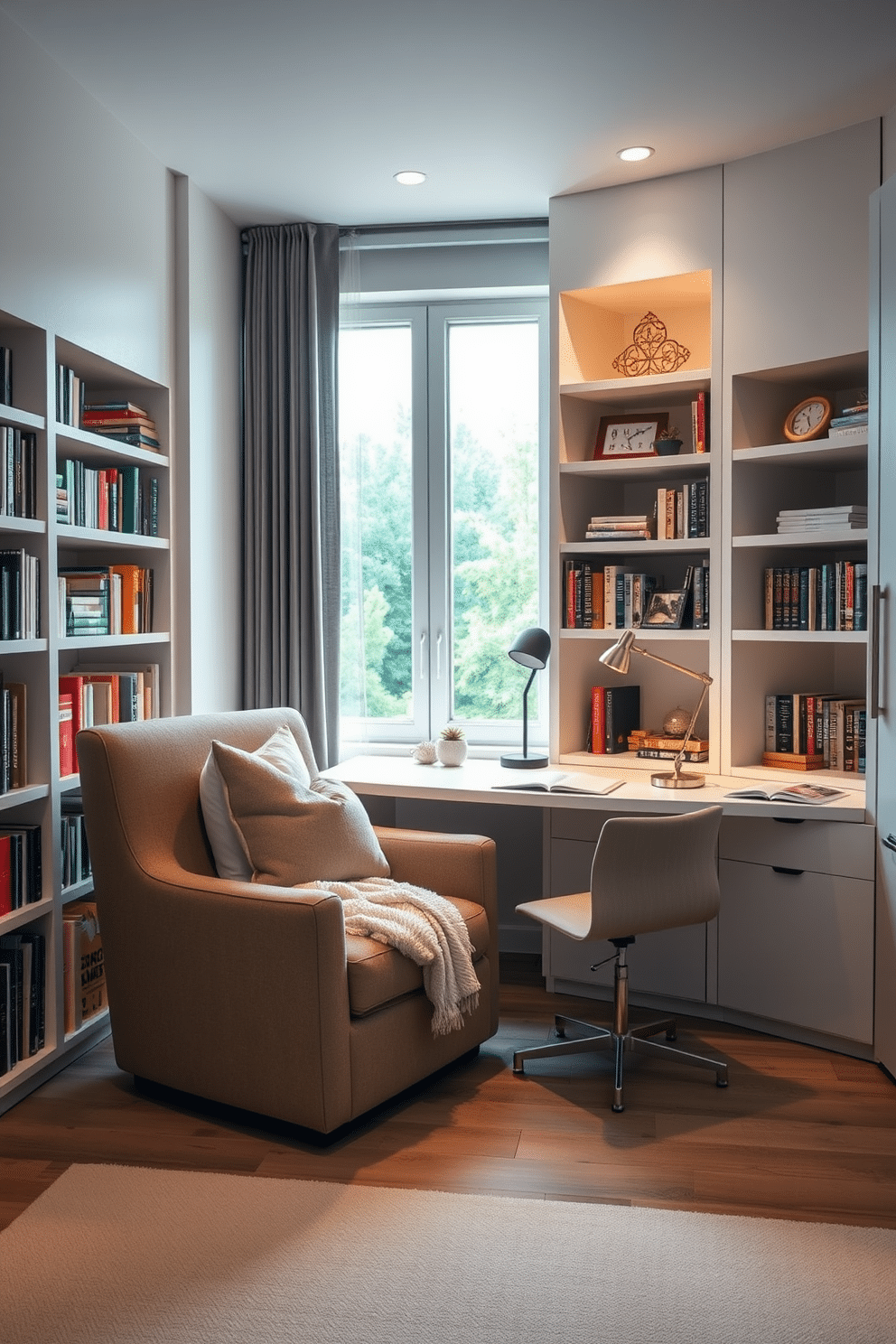 Cozy reading nook with plush cushions. A large armchair is positioned by a window, surrounded by bookshelves filled with colorful books, while a soft throw blanket drapes over the armrest. Modern study room design ideas. A sleek desk with a minimalist design faces a wall of built-in shelves, adorned with decorative items and a stylish desk lamp, creating an inspiring workspace.