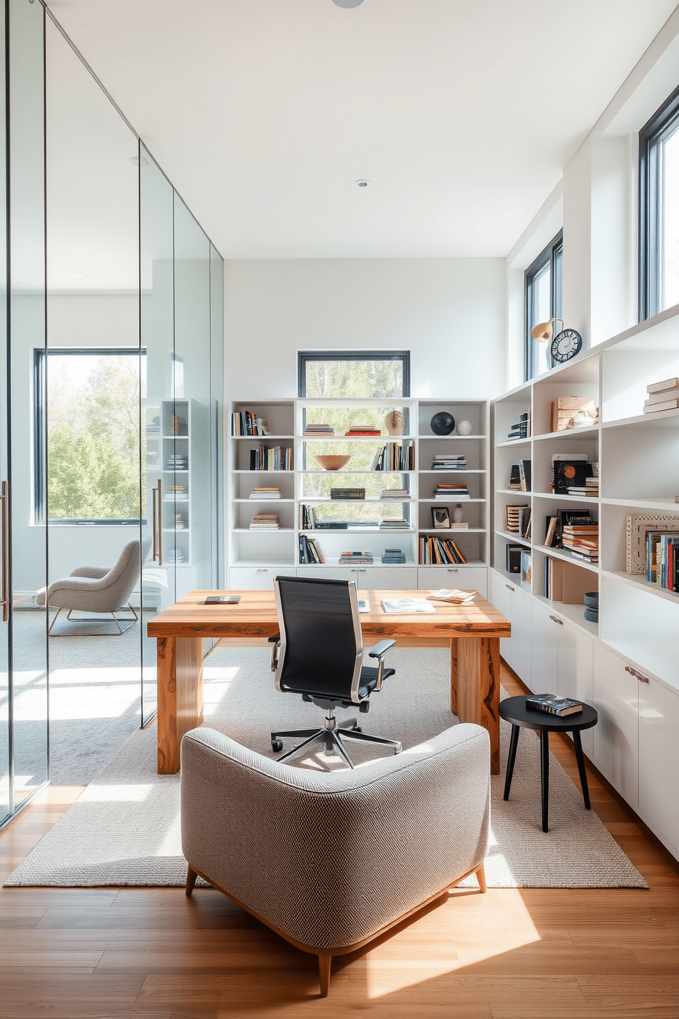 A modern study room featuring sleek glass partitions that create an open and airy atmosphere. The room is adorned with a minimalist desk made of reclaimed wood, paired with an ergonomic chair and surrounded by shelves filled with books and decorative items. Natural light floods the space through large windows, highlighting the soft color palette of whites and grays. A cozy reading nook with a plush armchair and a small side table sits in one corner, inviting relaxation and focus.