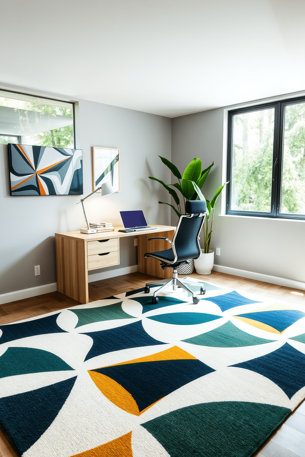 A modern study room featuring bold geometric patterns on a large area rug that anchors the space. The walls are painted in a soft gray, complemented by a sleek, minimalist desk made of light wood, with a stylish ergonomic chair positioned in front of it. Large windows allow natural light to flood the room, showcasing a vibrant indoor plant in the corner. On the desk, a contemporary lamp with an angular design illuminates a stack of books and a laptop, while a geometric wall art piece adds visual interest above the desk.