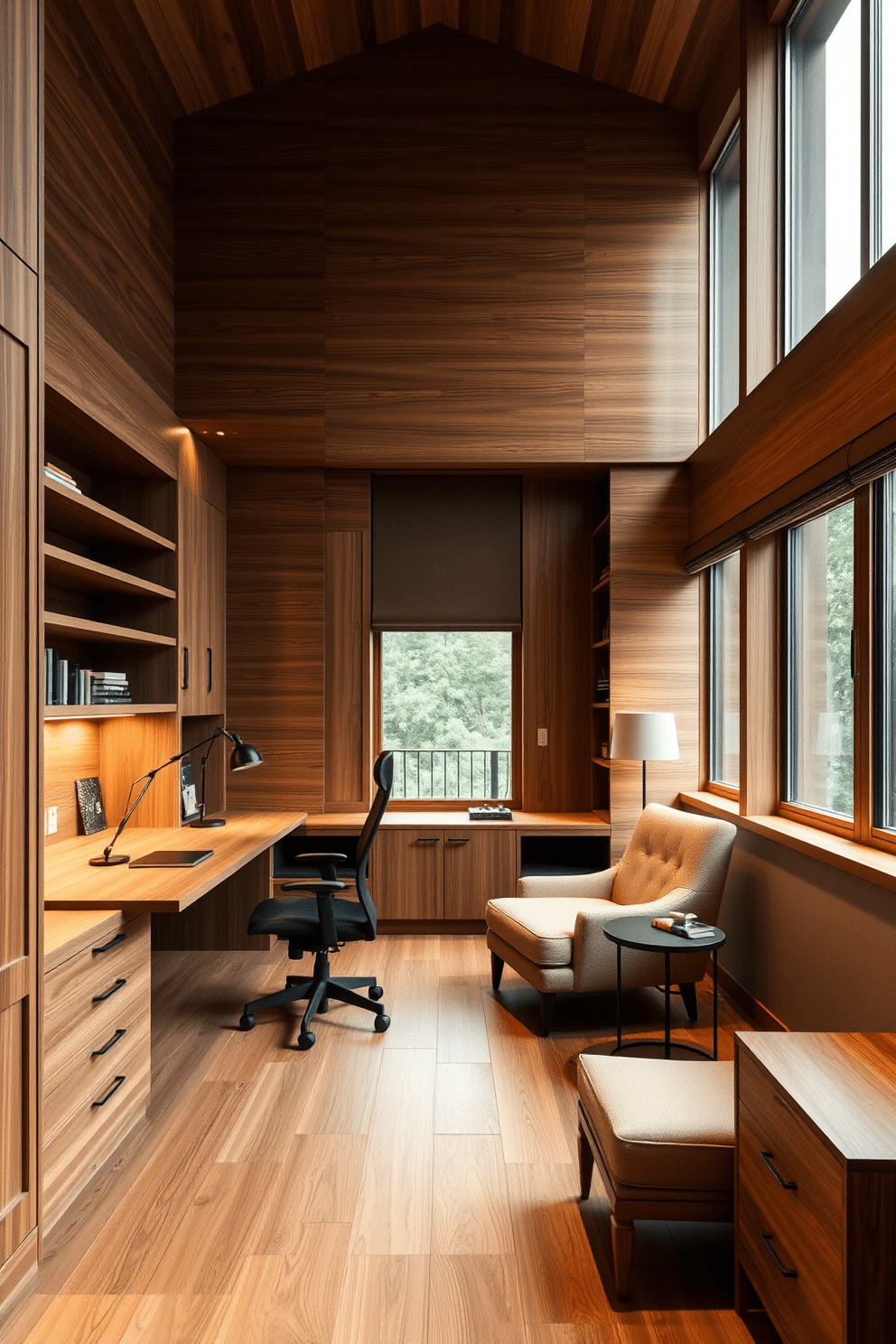 A modern study room featuring natural wood finishes that create a warm and inviting atmosphere. The space includes a large wooden desk with a sleek design, complemented by a comfortable ergonomic chair and built-in shelving units made of the same rich wood. Soft, ambient lighting illuminates the room, enhancing the natural textures of the wood. A large window allows for plenty of natural light, while a cozy reading nook with a plush armchair and a small side table adds a touch of comfort.