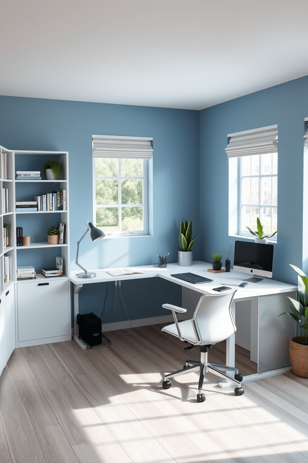 A tech-friendly workspace features a sleek desk with built-in charging stations for devices. The room is illuminated by natural light from large windows, complemented by modern shelving that holds books and tech gadgets. The walls are painted a calming blue, creating a serene atmosphere for productivity. A comfortable ergonomic chair sits at the desk, and decorative plants add a touch of greenery to the space.