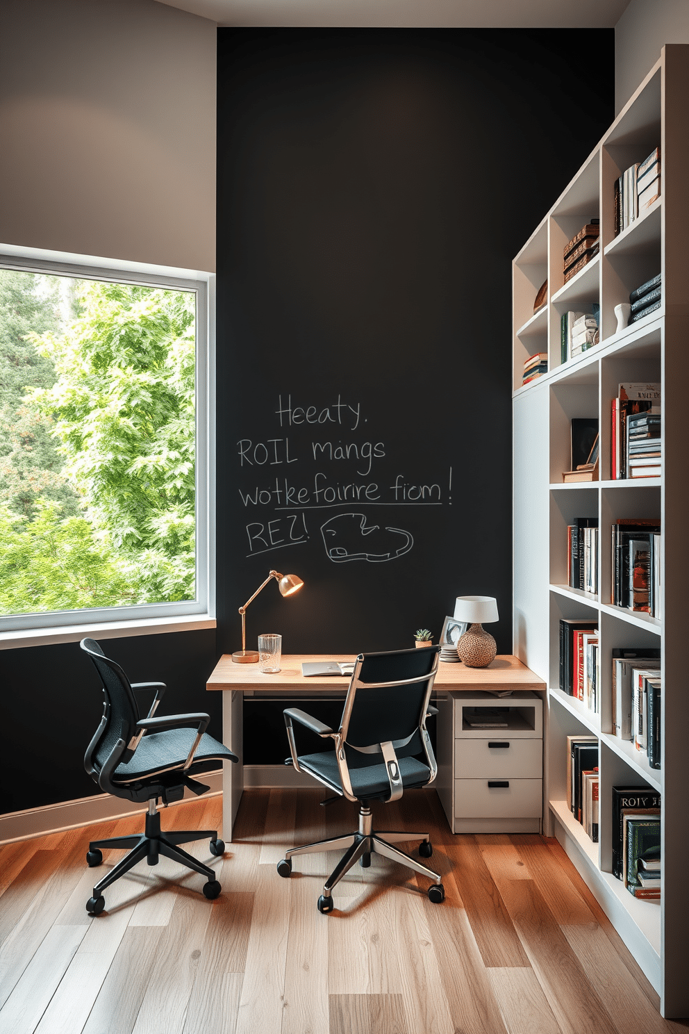 A modern study room featuring a chalkboard wall that serves as a creative space for notes and ideas. The room is furnished with a sleek wooden desk, a comfortable ergonomic chair, and stylish bookshelves filled with neatly organized books and decorative items. Soft ambient lighting illuminates the space, creating a warm and inviting atmosphere. A large window allows natural light to flood in, enhancing the room's contemporary design with a view of a lush green garden outside.