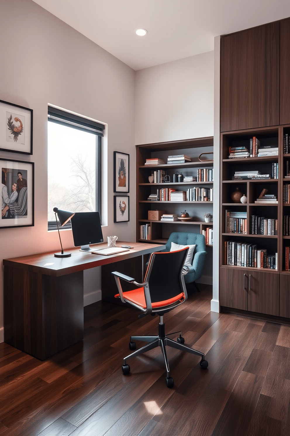 A modern study room featuring a sleek, minimalist desk made of dark wood, paired with an ergonomic chair in a vibrant color. The walls are adorned with framed artwork that reflects personal interests, and a large window allows natural light to flood the space, enhancing the creative atmosphere. A built-in bookshelf lines one wall, filled with a curated selection of books and decorative items that showcase your personality. A cozy reading nook is created in one corner with a plush armchair and a small side table, inviting relaxation and inspiration during study sessions.