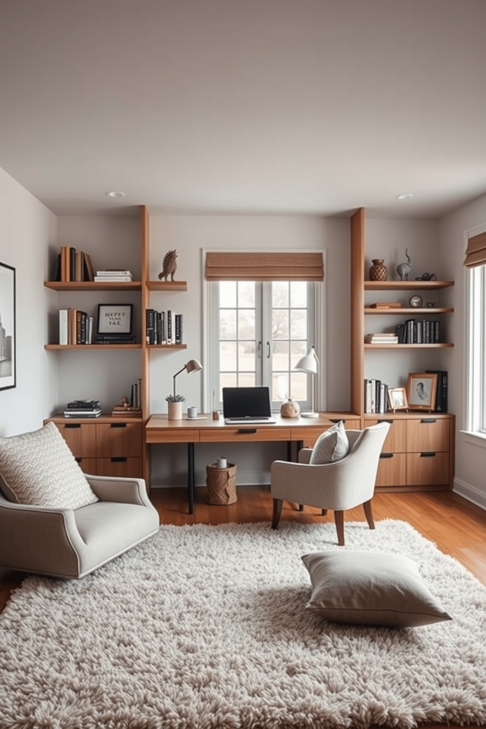 A modern study room featuring soft textiles creates a comfortable atmosphere. The room is adorned with a plush area rug, layered with throw pillows on a stylish armchair, inviting relaxation and focus. A sleek wooden desk sits against a light-colored wall, complemented by a contemporary desk lamp. Shelves filled with books and decorative items add personality, while large windows allow natural light to flood the space.