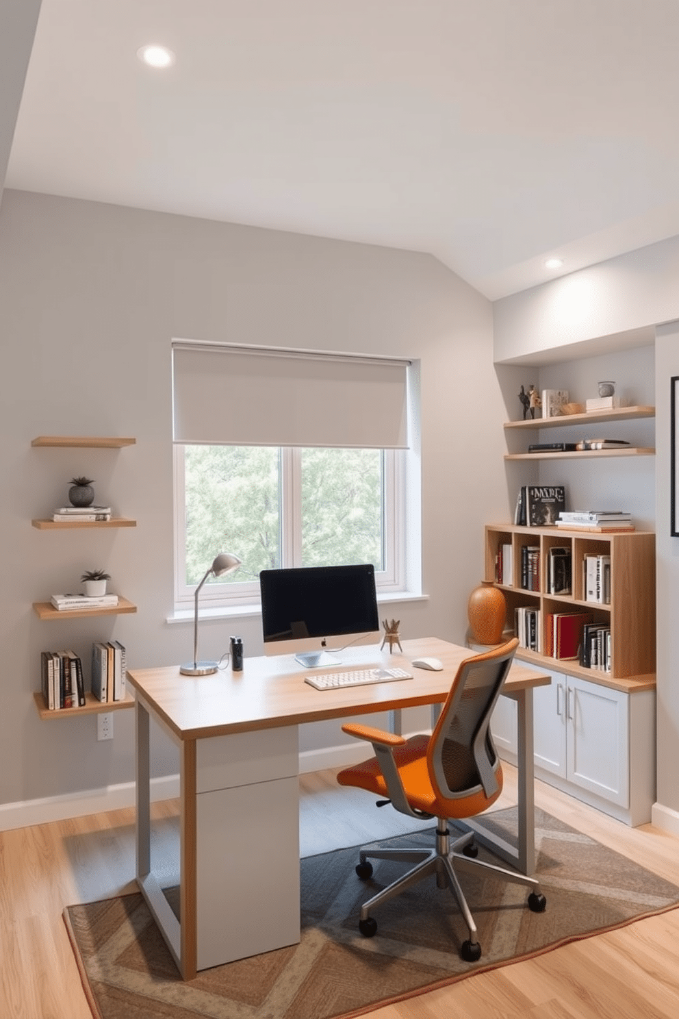 Bright task lighting illuminates a modern study room featuring a sleek, minimalist desk made of light wood. Behind the desk, a large window allows natural light to flow in, complemented by adjustable LED fixtures that enhance focus during late-night work sessions. The walls are painted in a calming soft gray, adorned with a few strategically placed shelves filled with books and decorative items. A comfortable ergonomic chair in a bold color adds a pop of personality, while a stylish area rug anchors the space, providing warmth and texture.