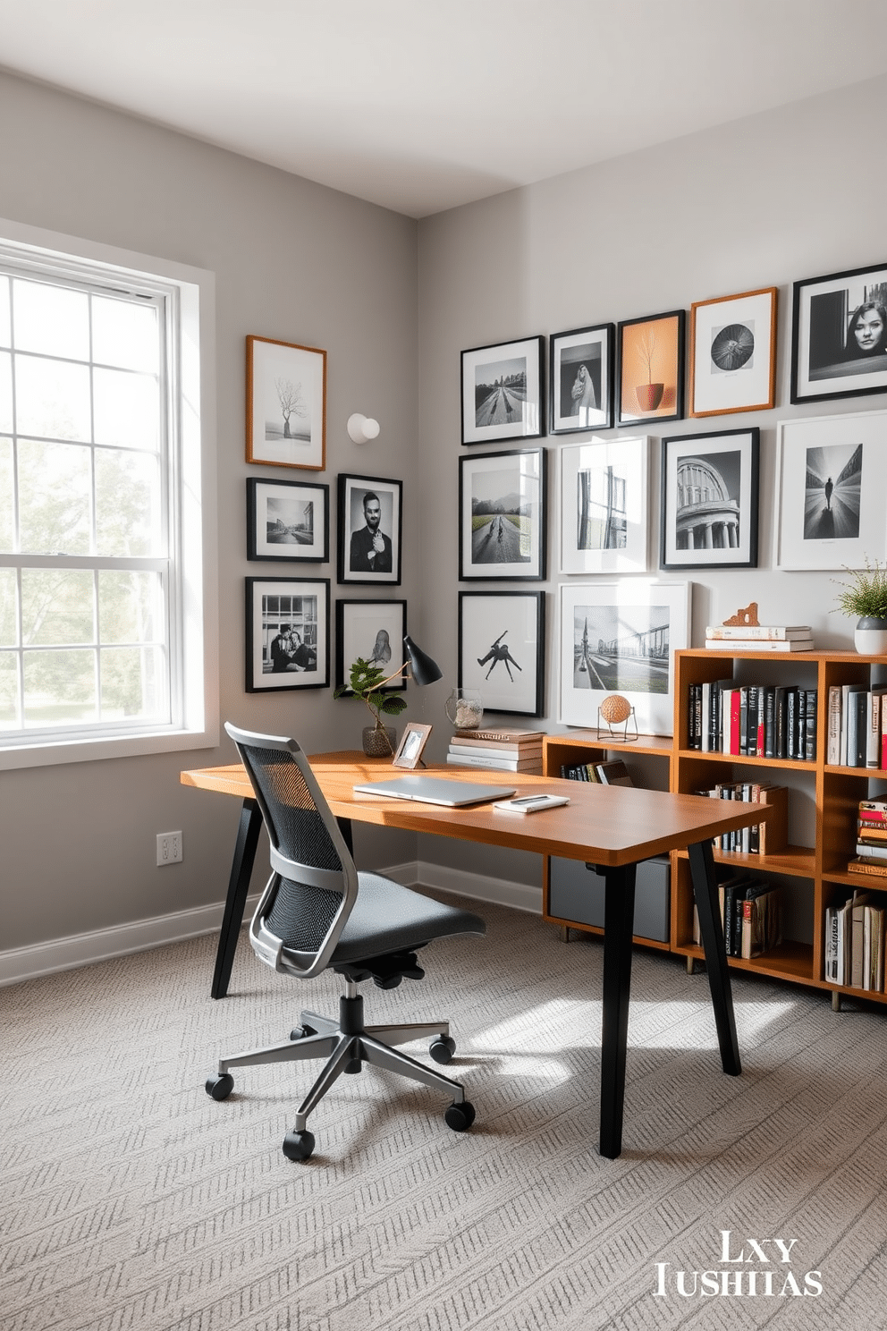 A modern study room filled with natural light, featuring a sleek wooden desk positioned against a gallery wall adorned with framed art and photographs that inspire creativity. The room is painted in a soft gray hue, and a comfortable ergonomic chair complements the minimalist aesthetic, while a stylish bookshelf showcases an array of books and decorative items.