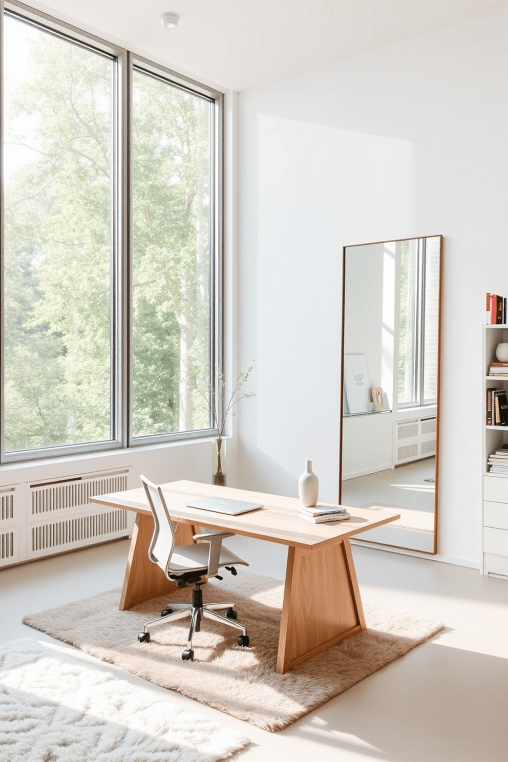 A modern study room featuring large windows that allow ample natural light to flood the space. The walls are painted in a soft white, and a sleek, minimalist desk made of light wood is positioned near the windows, complemented by an ergonomic chair. On the opposite wall, a full-length mirror reflects the natural light, creating an illusion of a larger space. Shelves filled with books and decorative items line the walls, while a plush area rug adds warmth underfoot.