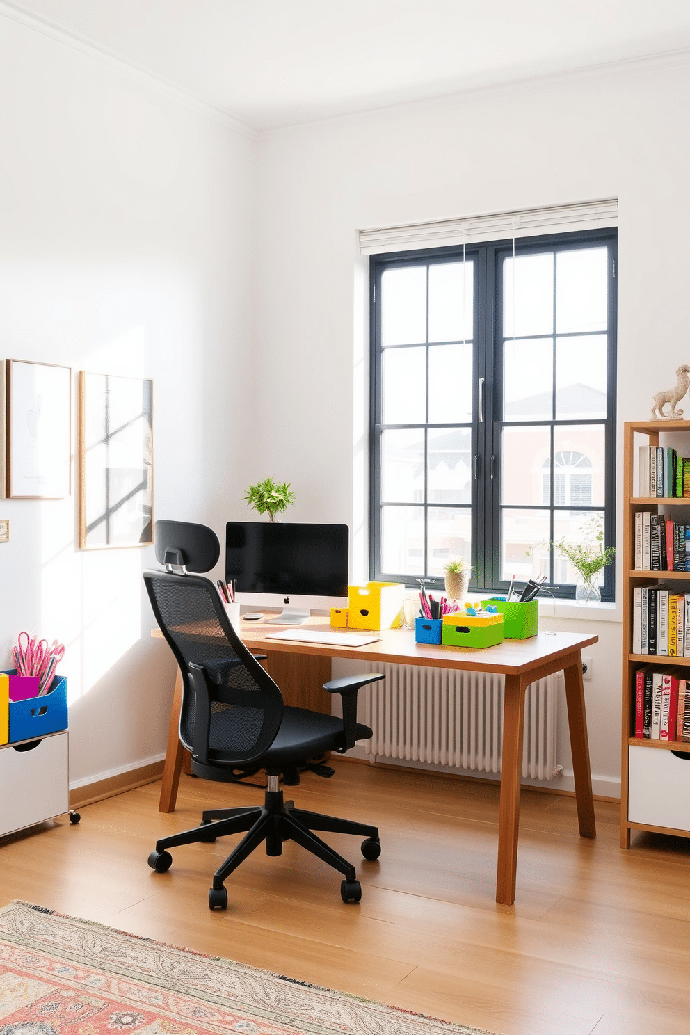 A modern study room filled with colorful organizers to declutter the workspace. The walls are painted in a soft white, creating a bright and airy atmosphere, while a sleek wooden desk is positioned in front of a large window, allowing natural light to flood the room. On the desk, vibrant organizers in shades of blue, yellow, and green neatly hold stationery and office supplies. A comfortable ergonomic chair complements the design, and a stylish bookshelf filled with books and decorative items adds personality to the space.