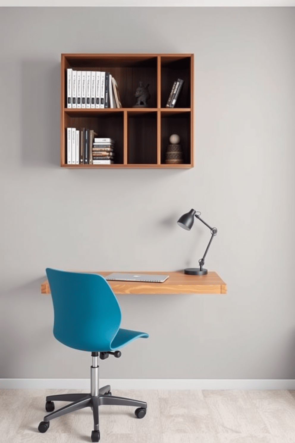 A sleek floating desk is mounted on the wall, featuring a minimalist design with clean lines and a natural wood finish. Above the desk, a stylish shelving unit displays books and decorative items, enhancing the modern aesthetic of the study room. The walls are painted in a soft gray hue, providing a calm backdrop that complements the contemporary furnishings. A comfortable ergonomic chair in a bold color adds a pop of personality to the space, inviting creativity and productivity.