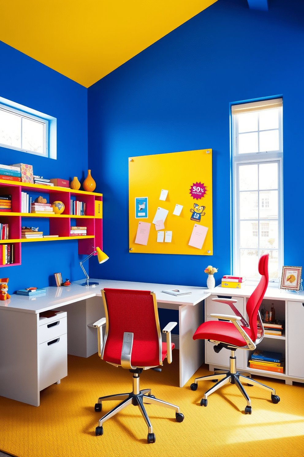 A vibrant study room filled with bold colors to energize creativity and focus. The walls are painted in a striking cobalt blue, complemented by a bright yellow accent wall featuring a large pinboard. A sleek, modern desk in a glossy white finish sits against the blue wall, paired with an ergonomic chair in a bold red hue. Shelves filled with colorful books and decorative items add personality, while a large window allows natural light to flood the space.