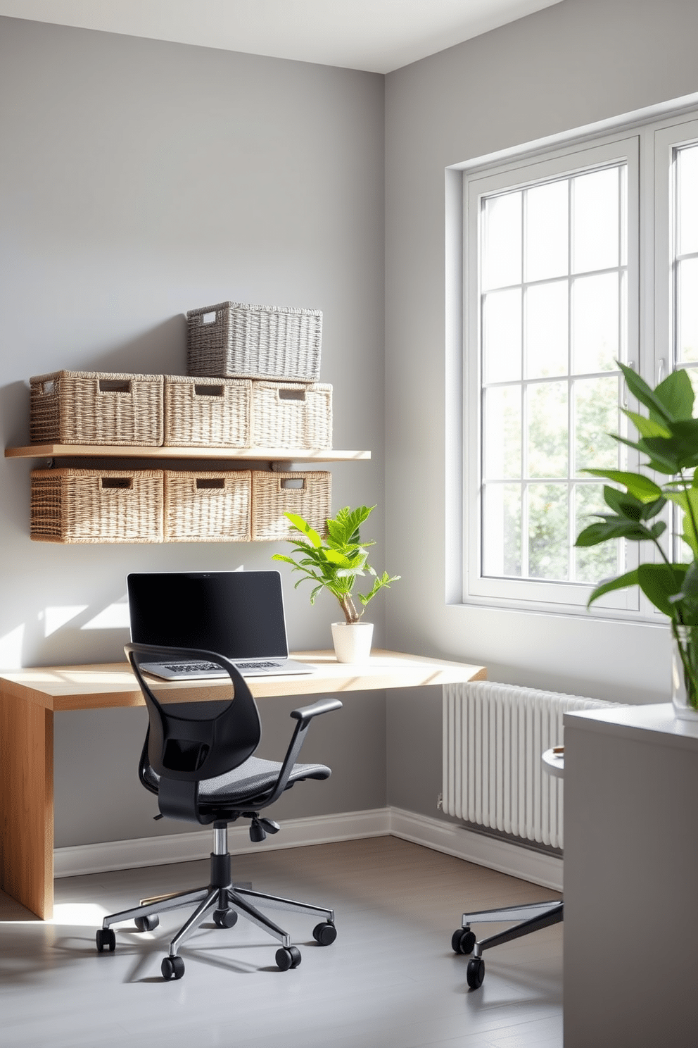 Stylish storage boxes in a modern study room setting. The boxes are made of natural wicker, neatly arranged on a sleek wooden shelf, complemented by a minimalist desk and a comfortable ergonomic chair. The walls are painted in a soft gray, enhancing the room's calm atmosphere. A large window allows natural light to flood the space, illuminating a small potted plant on the desk and creating an inviting workspace.