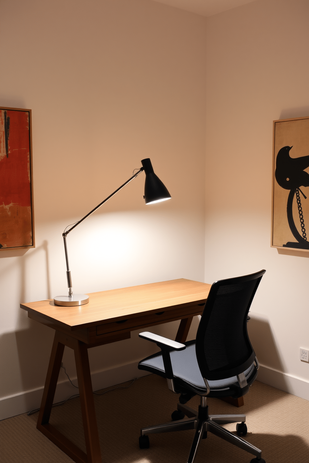 A modern study room features an artistic desk lamp as a statement piece, illuminating a sleek wooden desk with clean lines. The walls are adorned with abstract artwork, and a comfortable ergonomic chair complements the contemporary aesthetic.