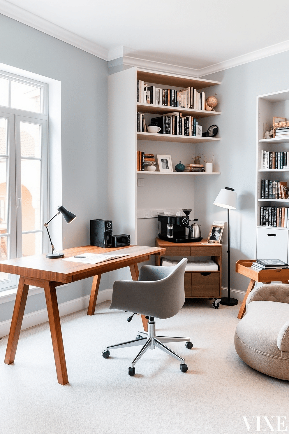 A modern study room featuring a sleek wooden desk with a minimalist design, complemented by an ergonomic chair in a soft gray fabric. The walls are painted in a calming light blue, while a large window allows natural light to flood the space, illuminating the shelves filled with books and decorative items. In one corner, a small coffee station is set up with a stylish espresso machine and a wooden cart holding mugs and coffee supplies. A cozy reading nook with a plush armchair and a floor lamp provides the perfect spot for relaxation and inspiration.