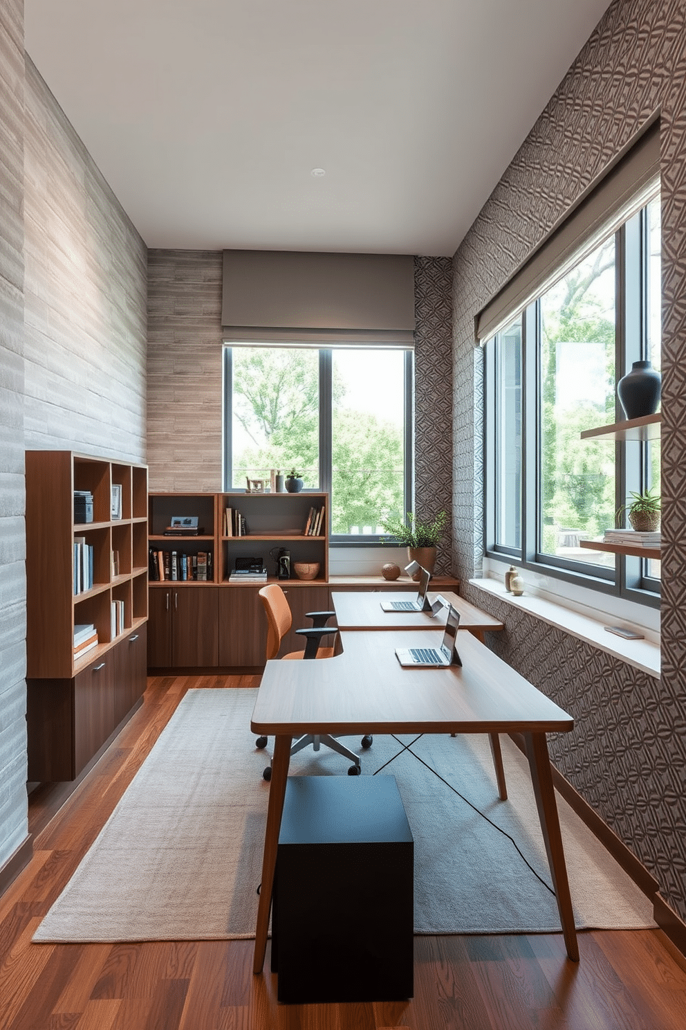 A modern study room featuring textured wall coverings that create depth and interest. The walls are adorned with a mix of soft fabric panels and geometric wallpaper, enhancing the contemporary aesthetic. The room includes a sleek, minimalist desk made of natural wood, paired with an ergonomic chair in a bold color. Large windows allow ample natural light to flood the space, complemented by stylish shelving filled with books and decorative items.