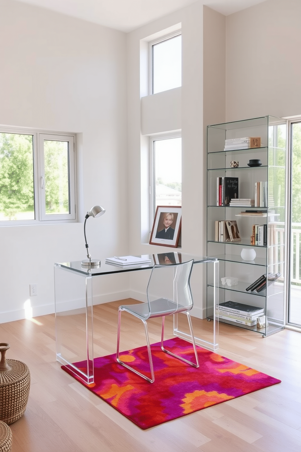 A modern study room featuring transparent furniture to enhance the sense of spaciousness. The room includes a sleek acrylic desk paired with a minimalist chair, allowing for an unobstructed view of the surrounding space. Natural light floods in through large windows, illuminating the light wood flooring and creating an airy atmosphere. A stylish bookshelf with transparent shelves showcases books and art pieces, while a pop of color is added through a vibrant rug beneath the desk.