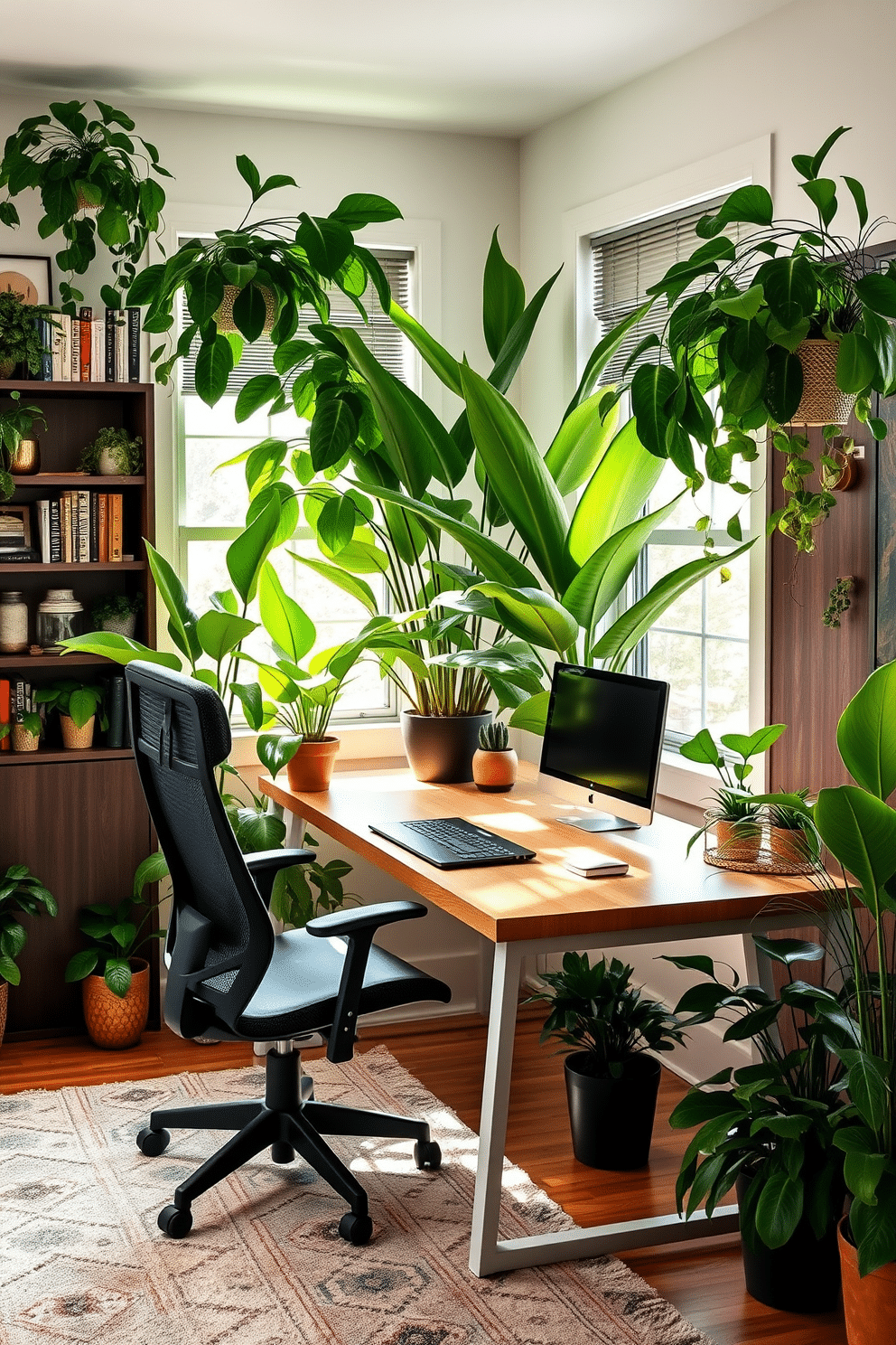 A modern study room filled with lush indoor plants creates a refreshing and vibrant atmosphere. The space features a sleek wooden desk paired with an ergonomic chair, surrounded by various greenery that enhances productivity and well-being. Large potted plants are strategically placed near the windows, allowing natural light to filter through their leaves. A stylish bookshelf on one wall showcases books and decorative items, while a soft area rug adds warmth to the room.