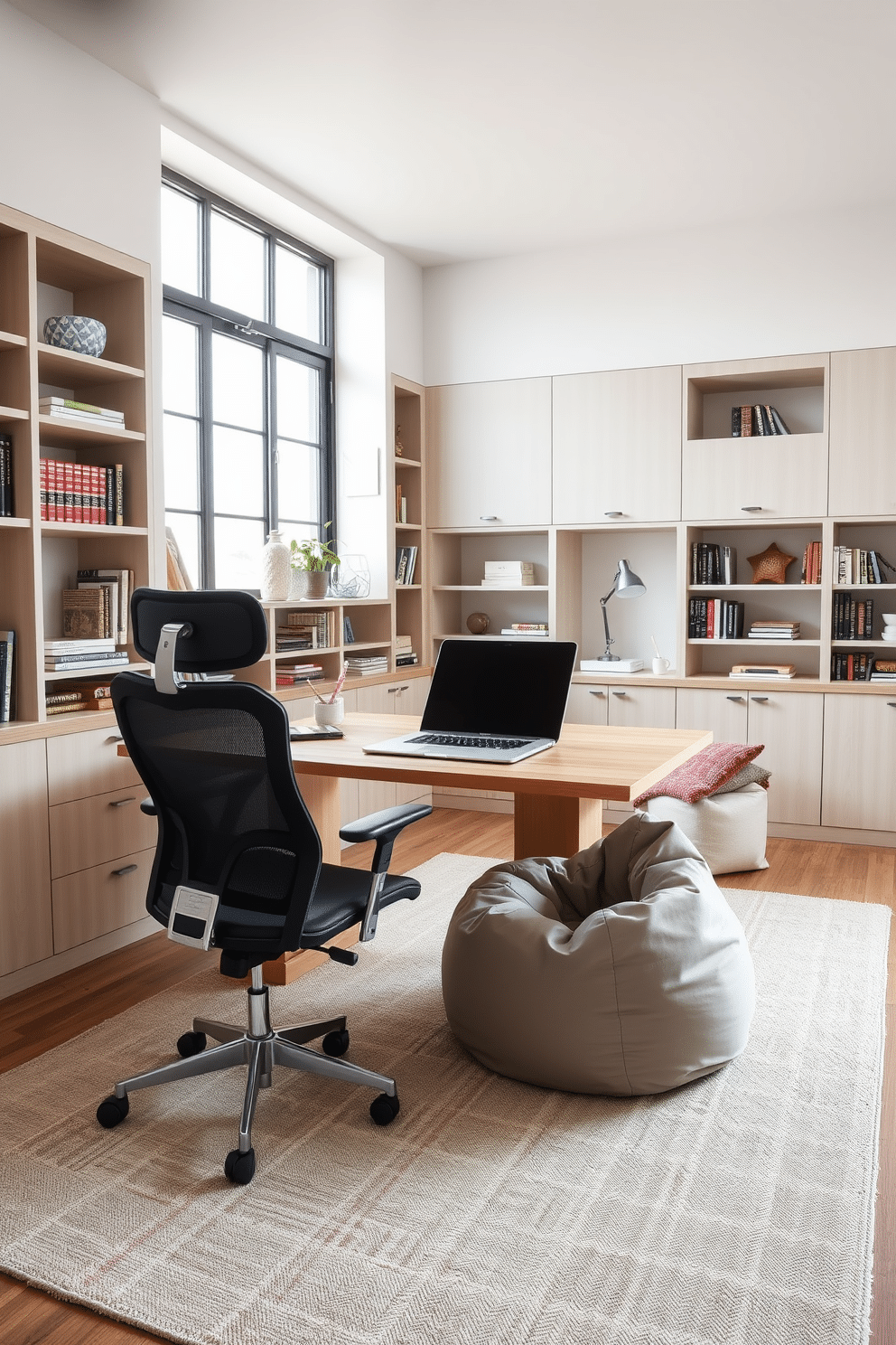 A modern study room featuring flexible seating options for comfort. The space includes a sleek ergonomic chair that can be adjusted for height and a stylish bean bag for casual lounging, both positioned around a large, minimalist desk with a natural wood finish. The walls are adorned with built-in shelves filled with books and decorative items, while a large window allows natural light to flood the room. A cozy rug in neutral tones anchors the seating area, creating an inviting atmosphere perfect for productivity and relaxation.