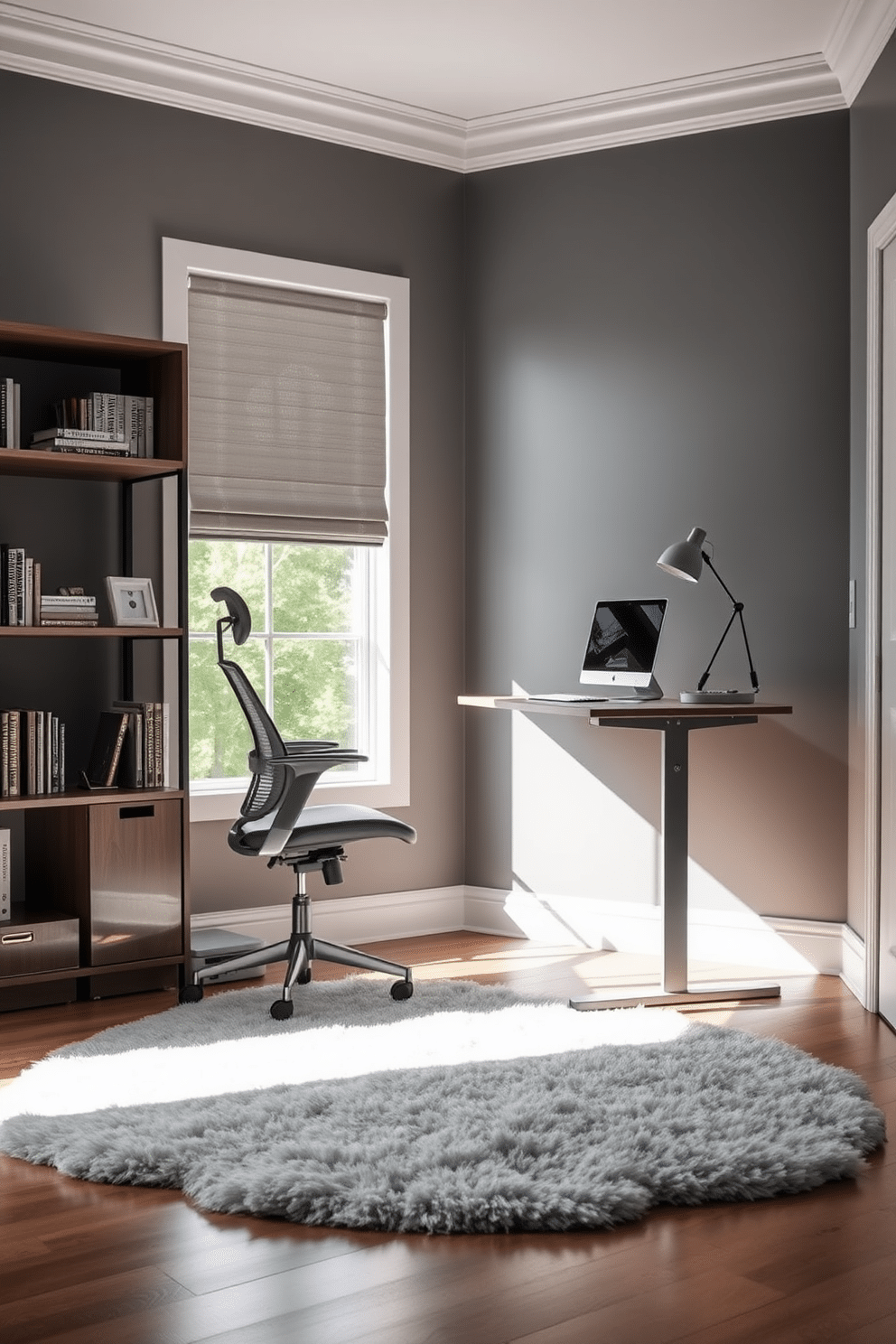 A modern study room featuring an ergonomic chair paired with a sleek standing desk. The desk is positioned near a large window, allowing natural light to flood the space, enhancing productivity and comfort. The walls are painted in a soft gray, complemented by minimalist shelving displaying books and decorative items. A plush area rug adds warmth to the hardwood floor, creating an inviting atmosphere for focused work or study sessions.