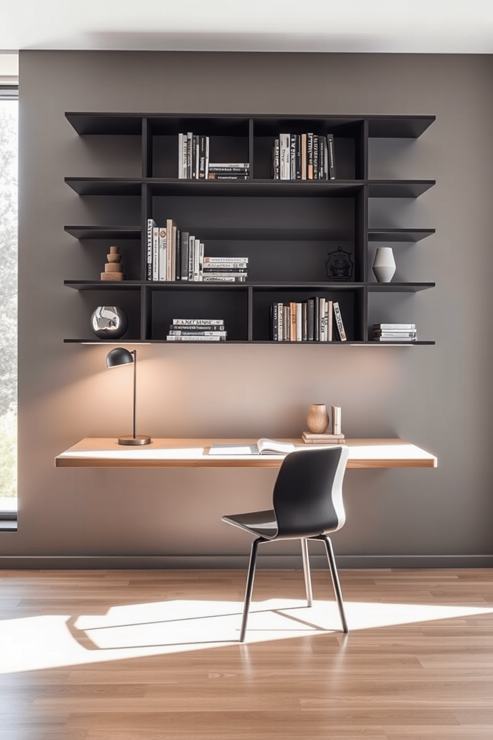 A modern study room featuring sleek wall-mounted shelves that provide efficient storage solutions. The shelves are adorned with a curated selection of books and decorative items, complementing a minimalist desk positioned beneath a large window that floods the space with natural light.