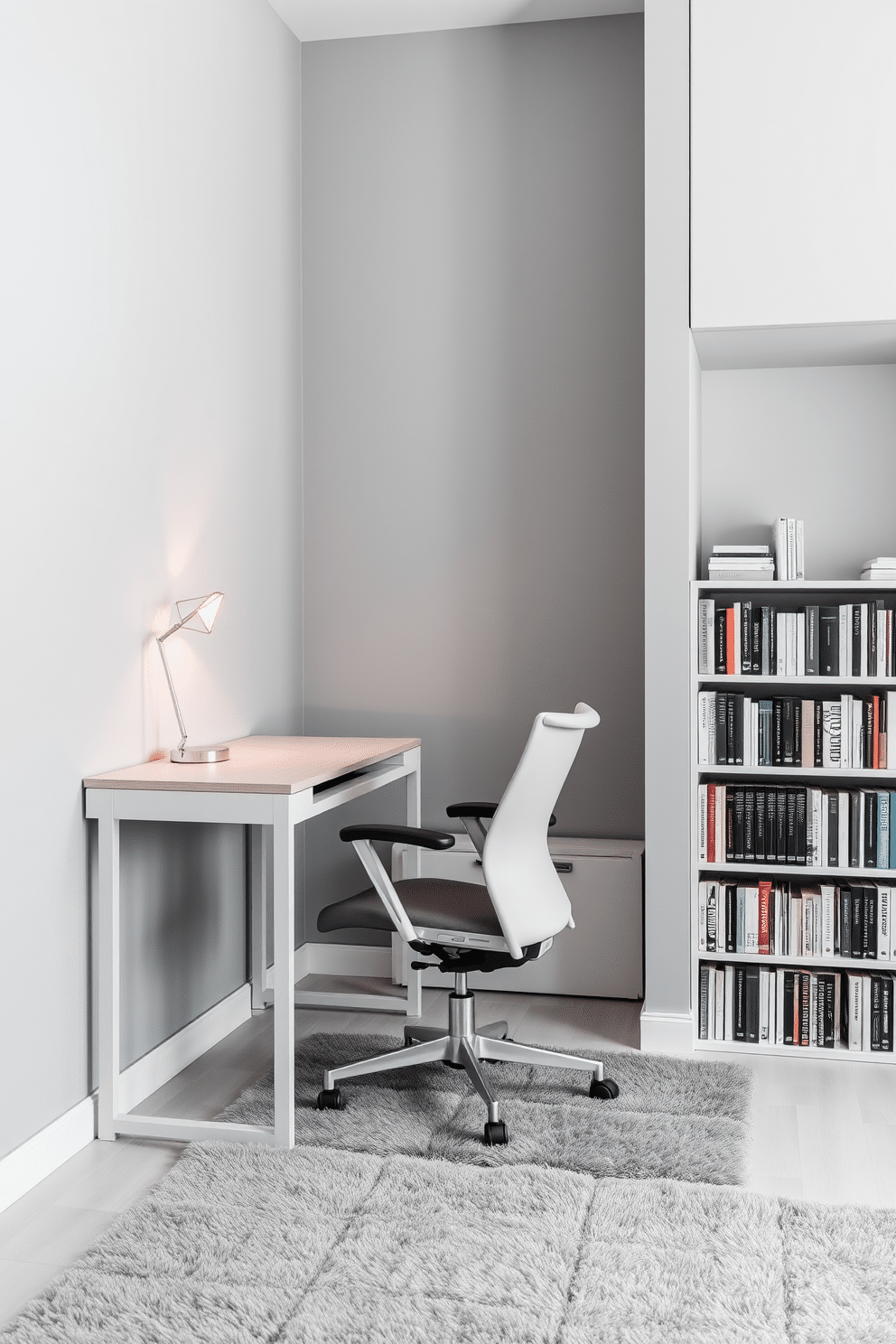 A serene modern study room featuring a monochromatic color scheme. The walls are painted in a soft gray, complemented by a sleek, minimalist desk in a matching tone, with a comfortable ergonomic chair tucked beneath it. On the desk, a stylish lamp with a geometric design casts a warm glow, while a large bookshelf filled with neatly arranged books lines one wall. A plush area rug in a slightly darker shade of gray anchors the space, adding texture and warmth to the overall design.