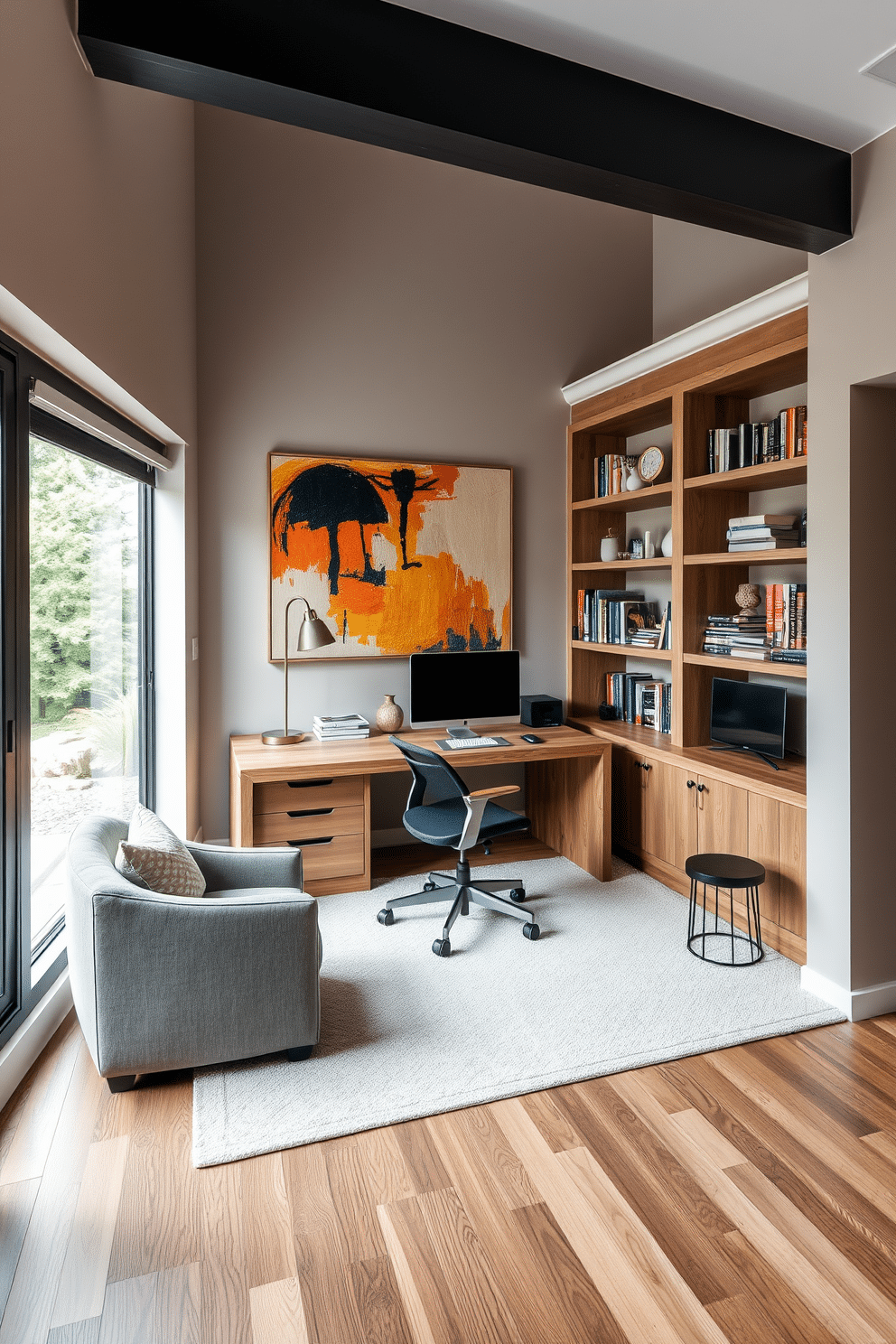 A modern study room featuring a large, sleek desk made of reclaimed wood, paired with a comfortable ergonomic chair. The walls are adorned with vibrant, abstract wall art that stimulates creativity, while a large window allows natural light to flood the space. The room includes built-in shelves filled with books and decorative items, creating an inviting atmosphere. A cozy reading nook with a plush armchair and a small side table is positioned in the corner, enhancing the room's functionality and comfort.