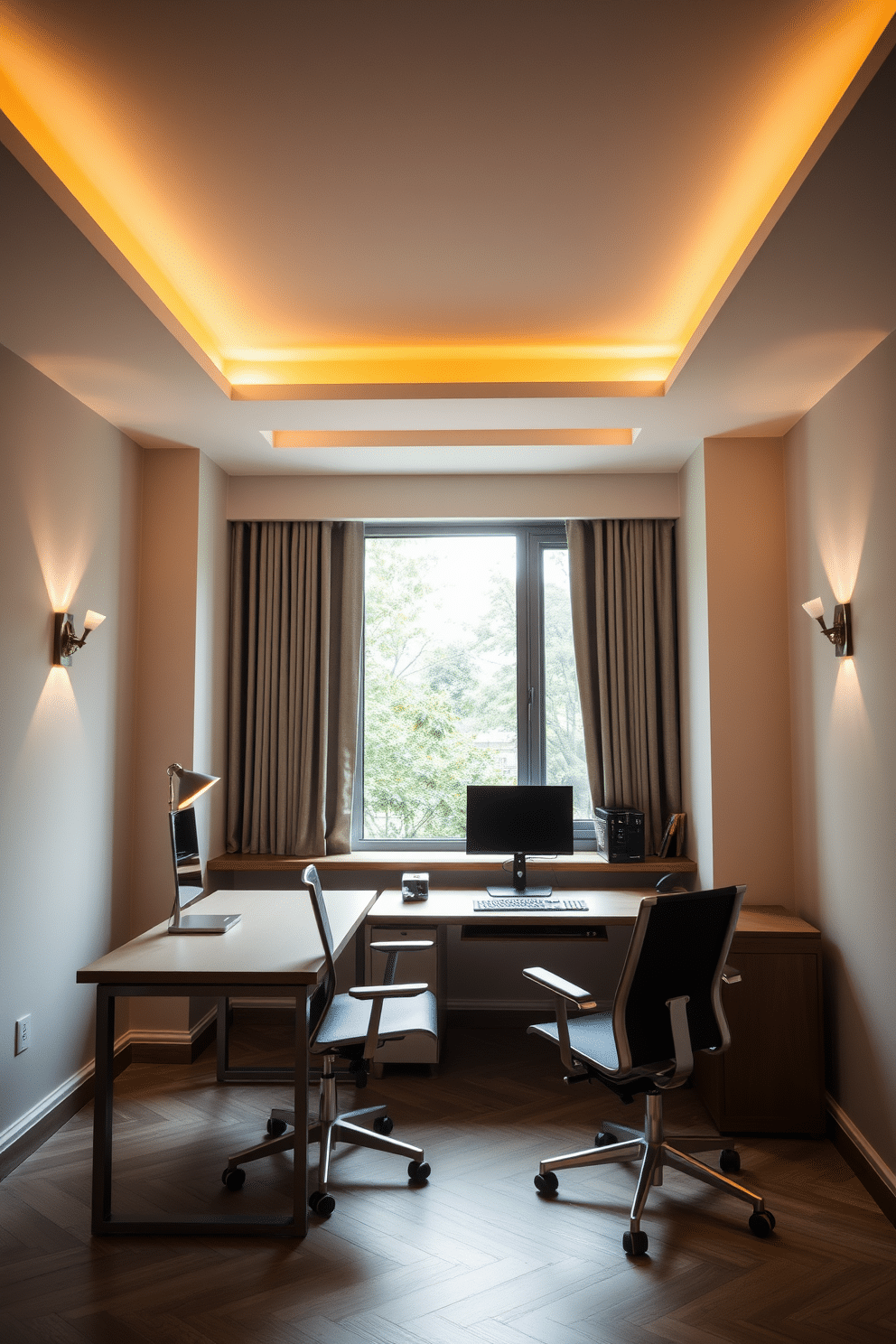 A modern study room featuring layered lighting for versatility. The space includes a sleek desk with a minimalist design, complemented by a stylish ergonomic chair and a large window allowing natural light to flood in. Warm ambient lights are installed in the ceiling, while adjustable task lighting is positioned on the desk for focused work. Decorative wall sconces provide additional illumination, enhancing the room's sophisticated atmosphere and functionality.