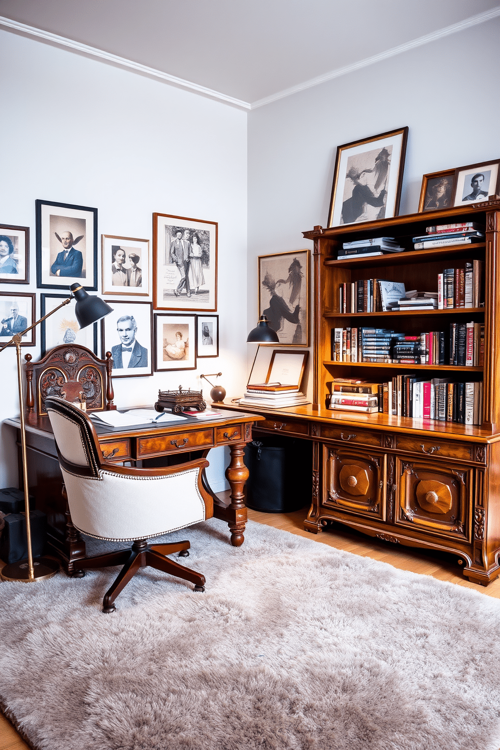 A vintage decor study room featuring a blend of antique furniture and modern accessories. A large wooden desk with intricate carvings is paired with a sleek, contemporary chair, while a retro bookshelf displays a mix of classic books and modern art pieces. The walls are adorned with a gallery of framed vintage prints alongside modern abstract artwork. A plush area rug in muted tones anchors the space, and a stylish floor lamp provides warm lighting, creating an inviting atmosphere for creativity and focus.