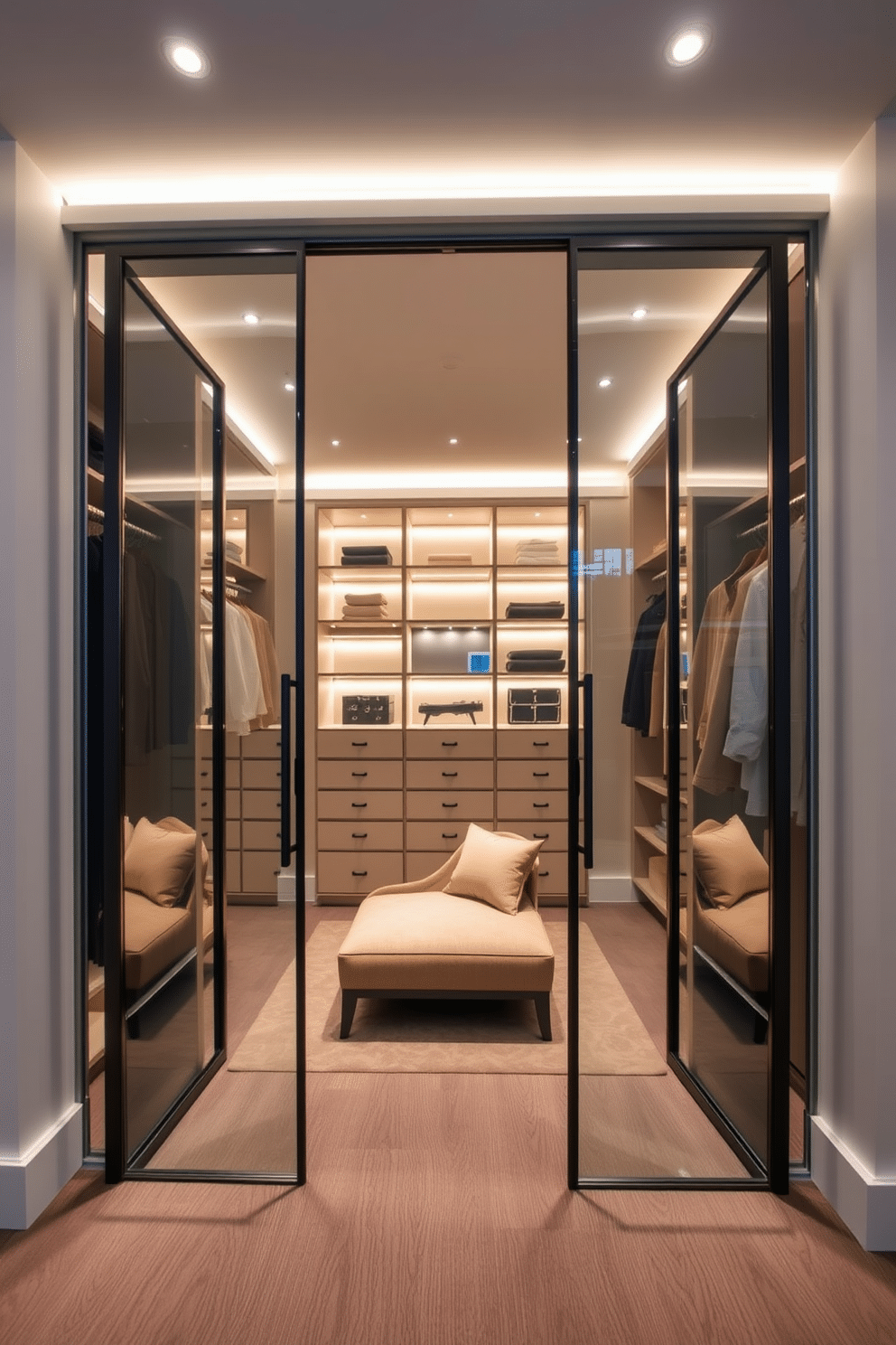 A modern walk-in closet features sleek glass doors that provide open visibility and create a sense of spaciousness. Inside, the design showcases organized shelving, elegant lighting, and a plush seating area, blending functionality with luxury.