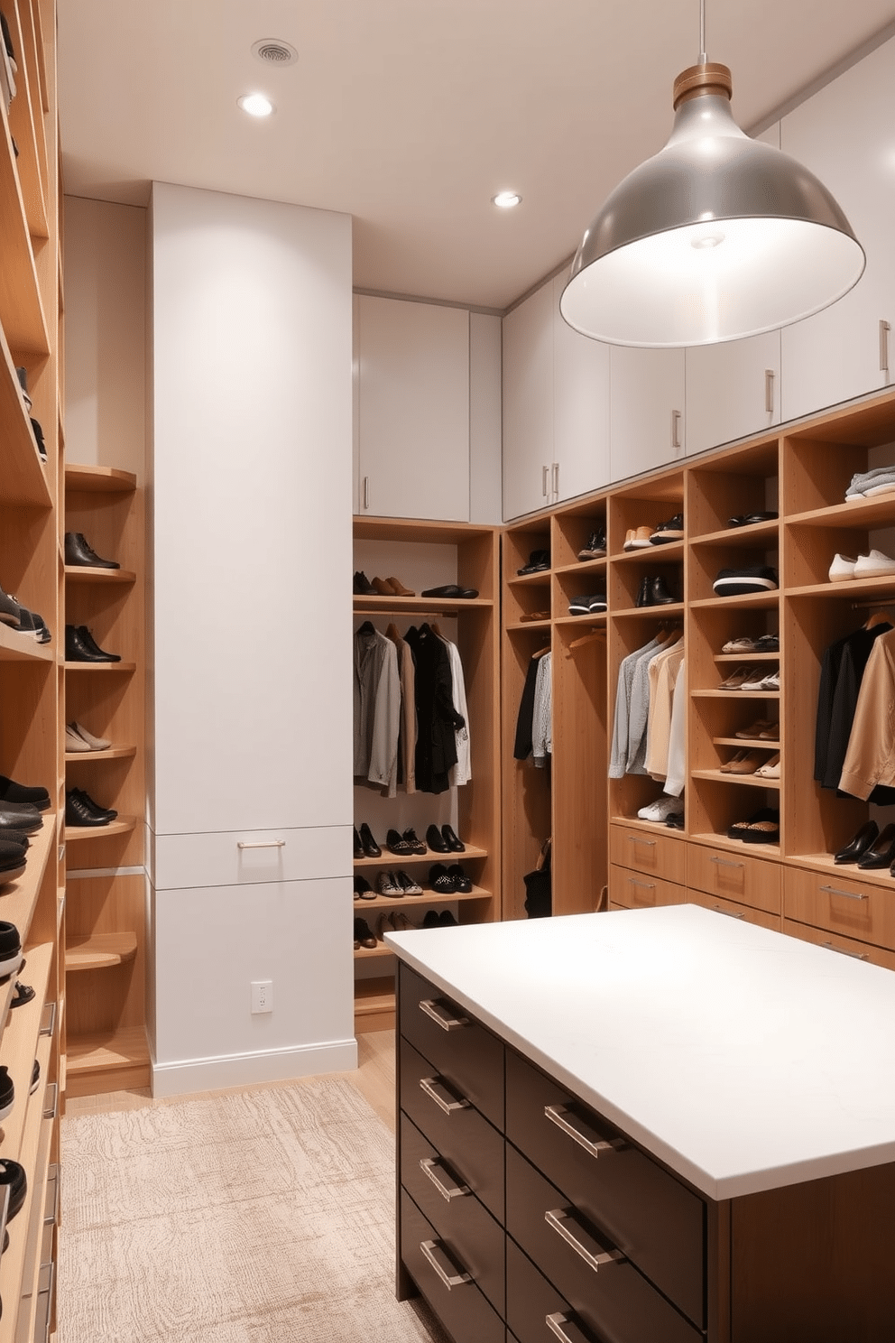 A modern walk-in closet featuring open shelving for easy access to shoes and accessories. The design includes a central island with drawers, illuminated by stylish pendant lighting overhead.