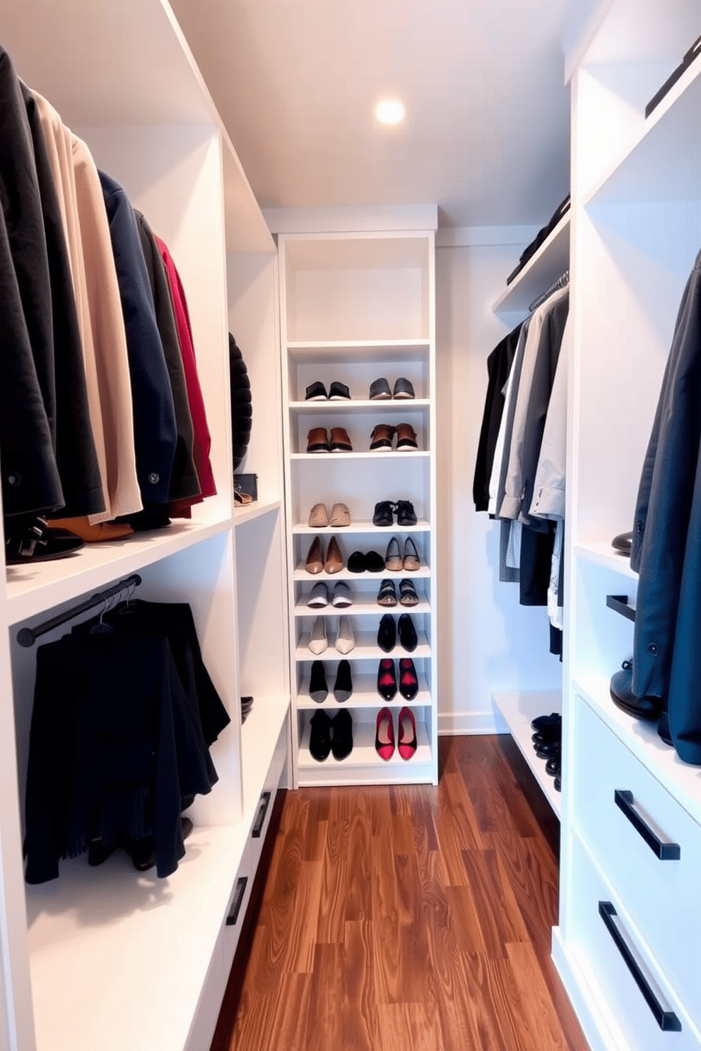 A modern walk-in closet featuring vertical storage solutions for shoes, with sleek built-in shelving that maximizes space. The walls are adorned with soft, neutral tones, and the floor is finished with elegant hardwood, creating a warm and inviting atmosphere.