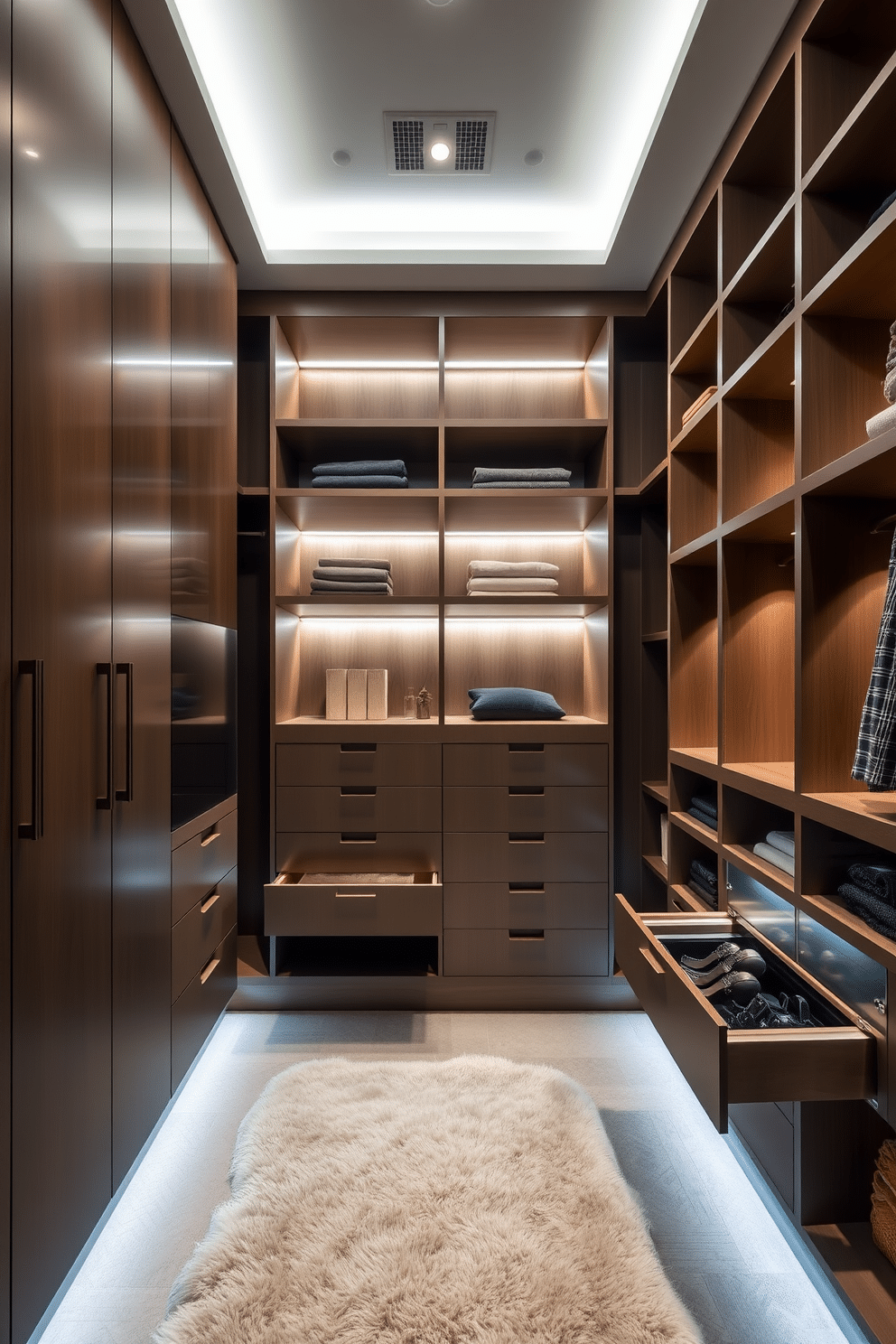 A modern walk-in closet features sleek cabinetry with hidden drawers that provide discreet storage solutions, ensuring a clutter-free environment. Soft LED lighting highlights the organized shelves, while a plush area rug adds warmth and comfort underfoot.