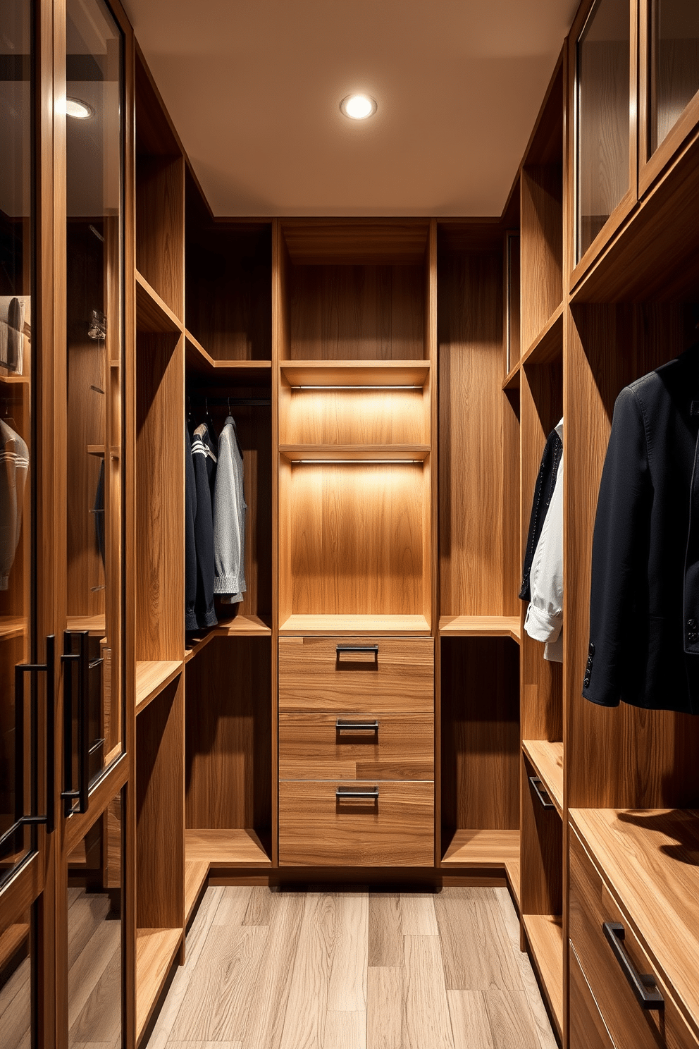 A modern walk-in closet featuring natural wood finishes that create a warm and inviting atmosphere. The design includes custom shelving and hanging spaces, complemented by soft lighting that enhances the rich tones of the wood.