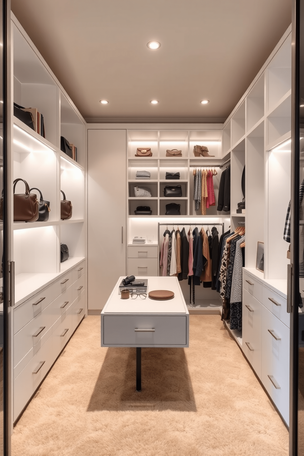 A modern walk-in closet featuring pull-out racks for handbags and scarves, designed with sleek cabinetry and ample lighting. The space incorporates a soft color palette, with plush carpeting underfoot and a large central island for accessories, enhancing both functionality and elegance.