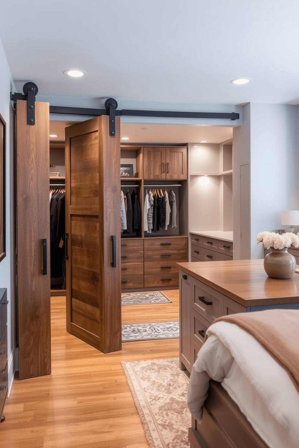 A rustic-inspired interior featuring sliding barn doors that seamlessly blend with the decor. The doors are made of reclaimed wood, showcasing natural grains and textures, adding warmth and character to the space. A modern walk-in closet design that emphasizes functionality and style. The closet features sleek cabinetry, an island with built-in drawers, and well-placed lighting to enhance visibility and create an inviting atmosphere.