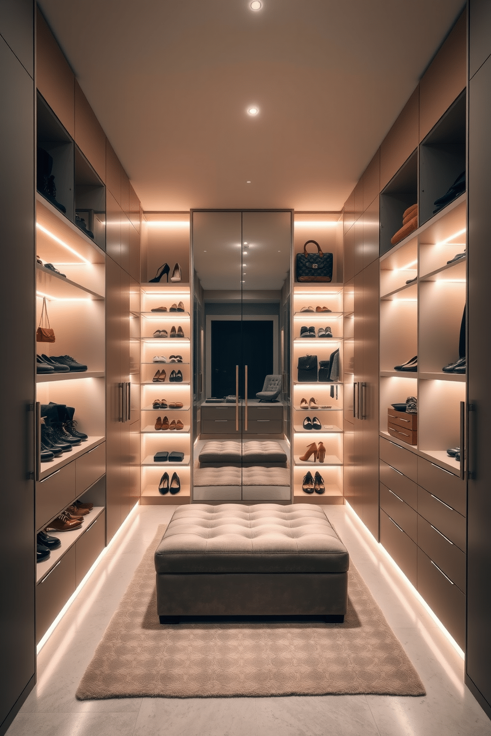 A modern walk-in closet featuring sleek, floor-to-ceiling cabinetry with a matte finish. LED strip lights illuminate the shelves, creating a warm ambiance that highlights neatly organized shoes and accessories. The center of the closet includes a plush ottoman for seating, surrounded by an array of stylish storage solutions. A large, full-length mirror reflects the elegant design, enhancing the sense of space and luxury.