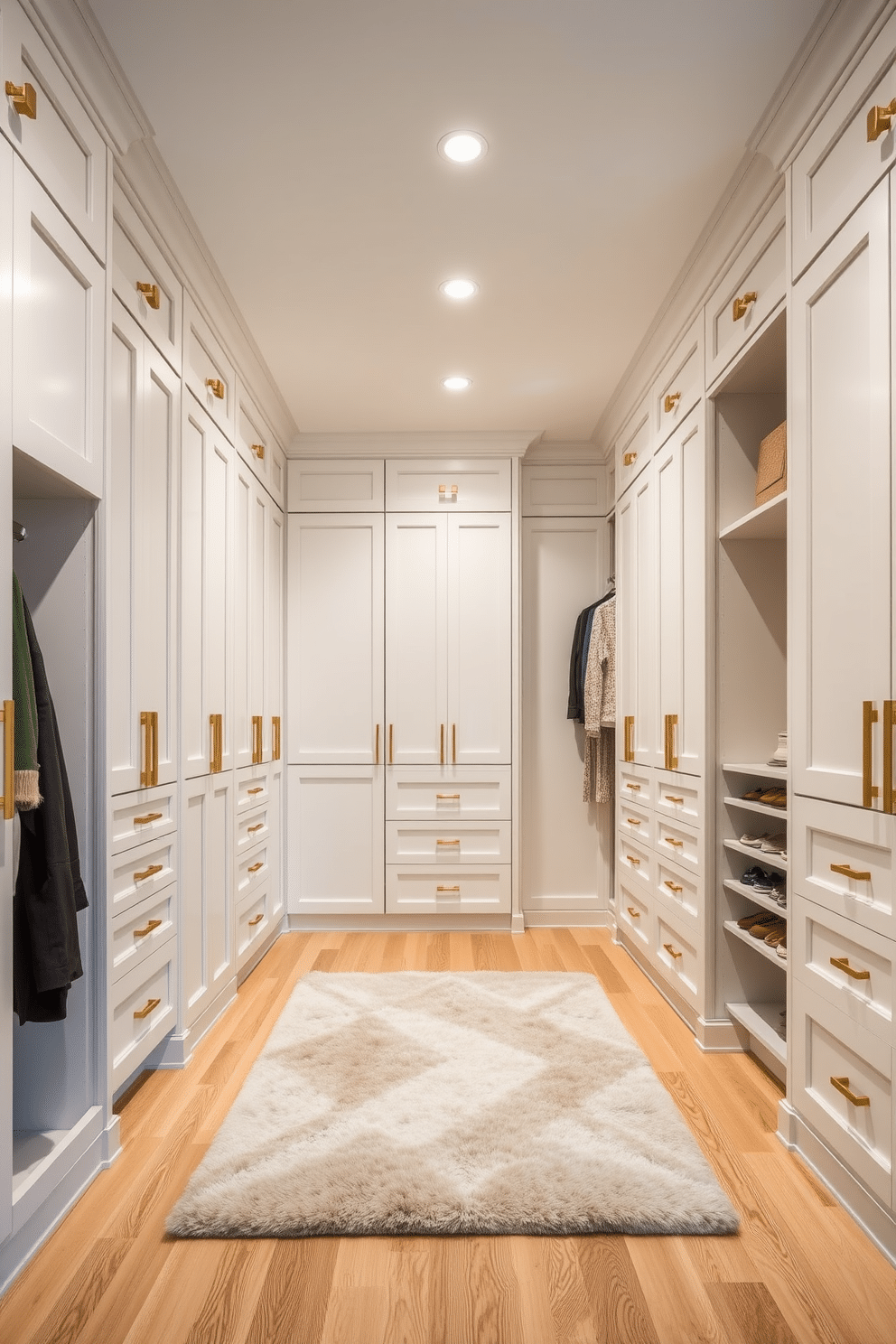 A spacious walk-in closet featuring a central aisle flanked by custom cabinetry on both sides. The cabinetry is finished in a soft white with gold hardware, providing ample storage for clothing and accessories. The flooring is a light oak wood, adding warmth to the contemporary design. Overhead, recessed lighting illuminates the space, while a plush area rug in neutral tones defines the central aisle.